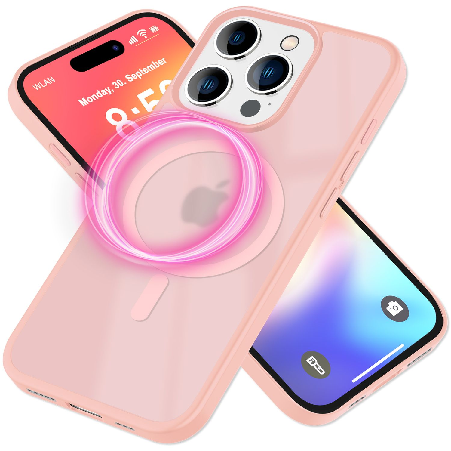 Rosa Handyhülle mit einem Handy darin. Ein rosa Ring um die Kamera ist sichtbar. Der Telefonbildschirm ist an.