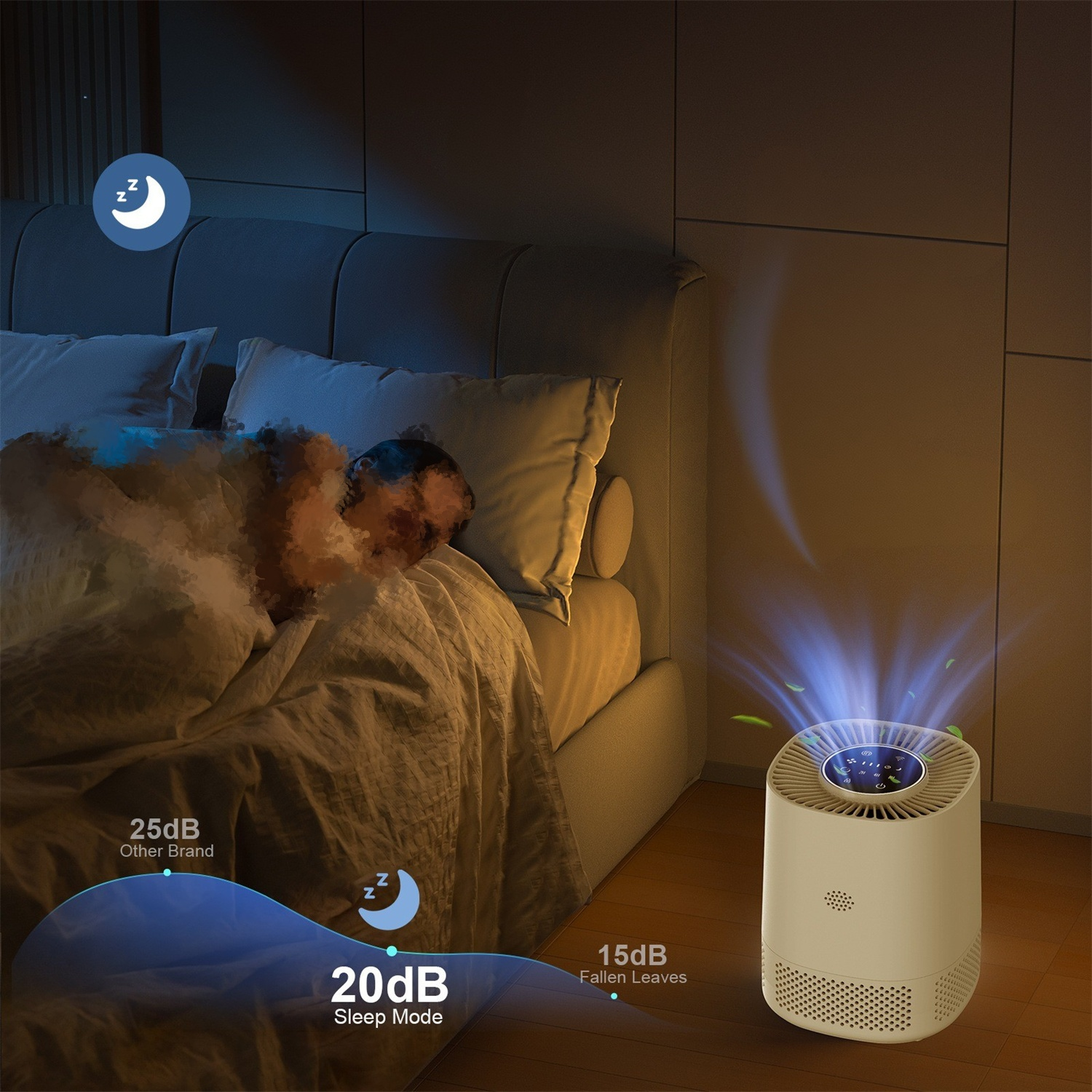 Luftreiniger, der nachts läuft, mit schlafender Person im Bett.