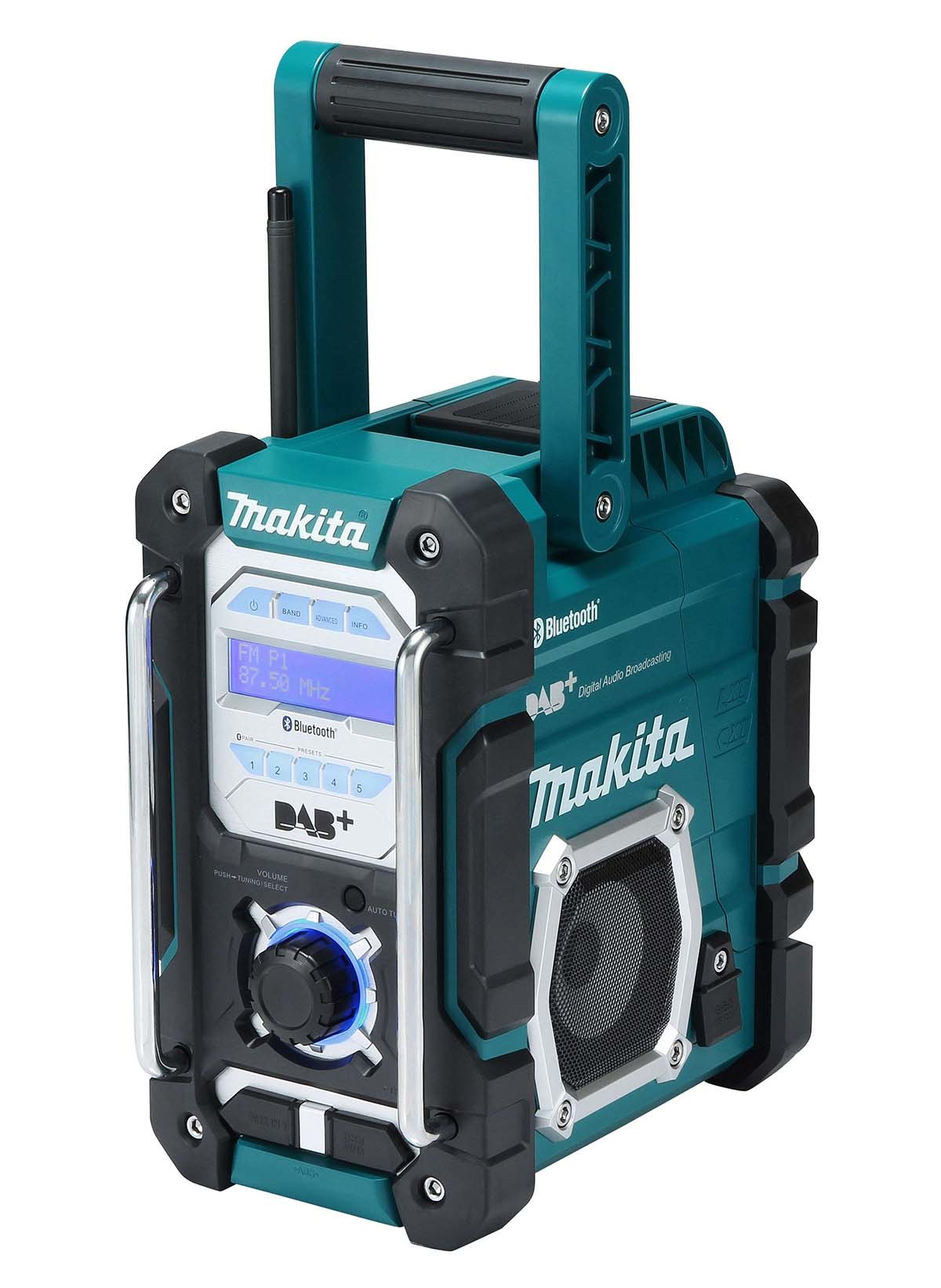 Radio Makita turchese e nera con maniglia, antenna e display digitale.