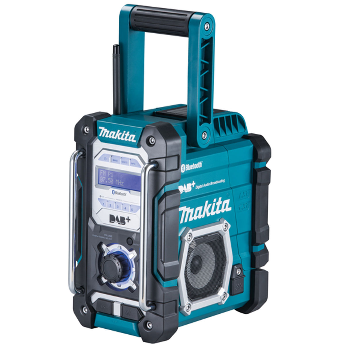Una radio Makita turchese con maniglia, pulsanti e altoparlante.