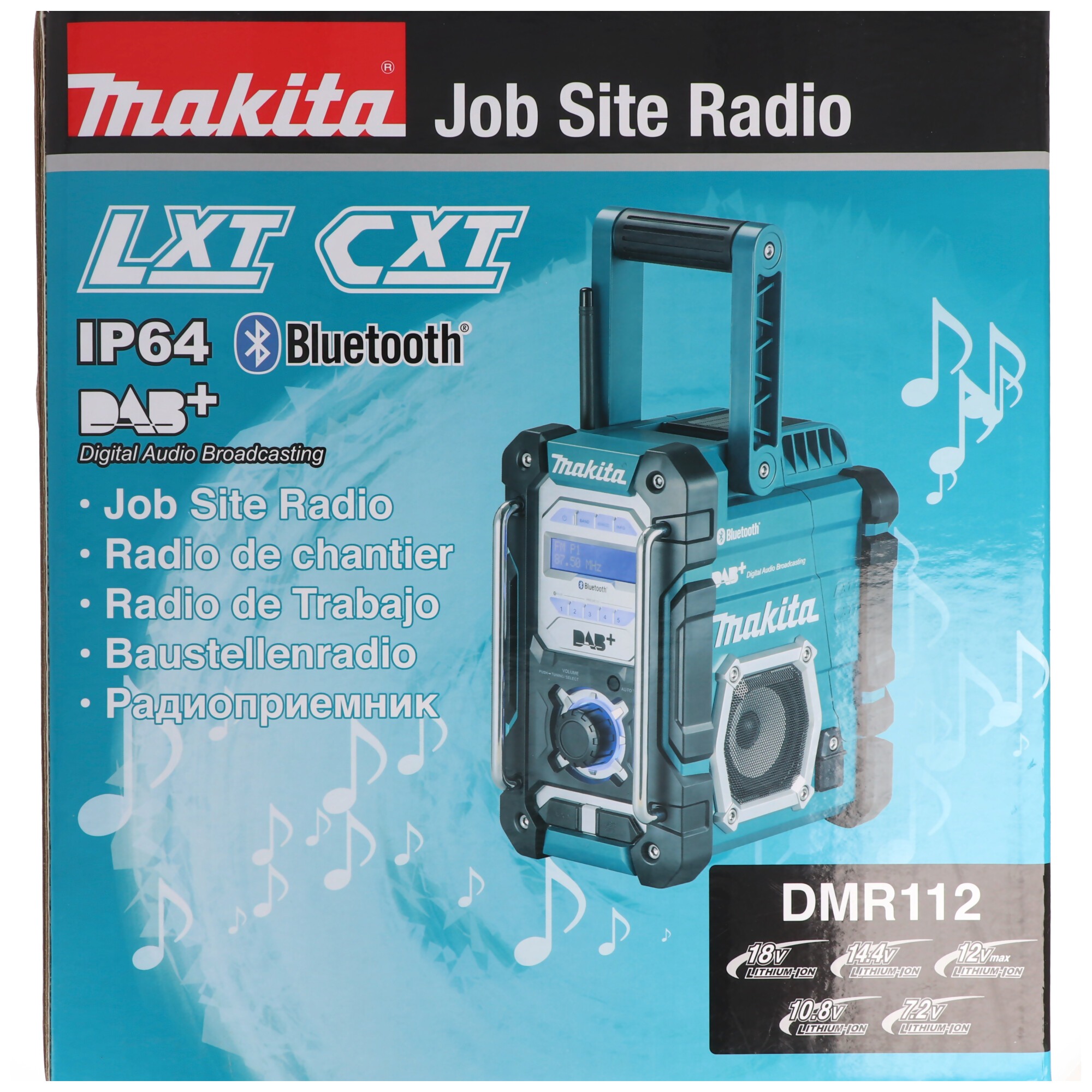 Una scatola Makita Job Site Radio con testo in più lingue. La radio è nella scatola.