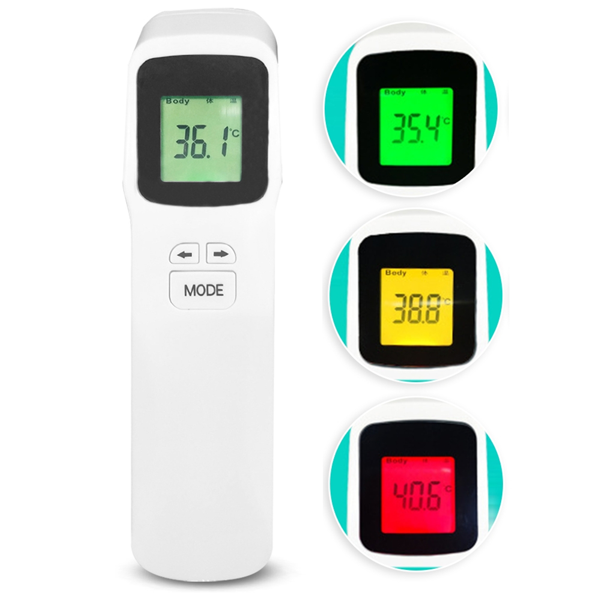 Weißes kontaktloses Thermometer mit Digitalanzeige. Drei Messwerte werden angezeigt.