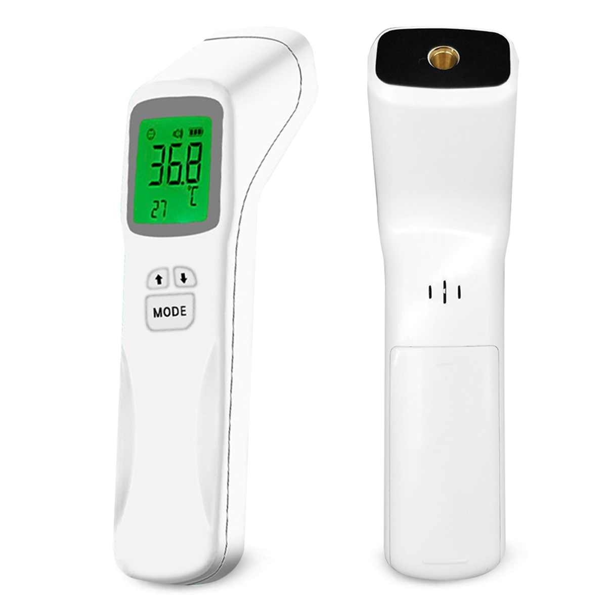 Zwei weiße Thermometer. Eines zeigt 36,8 Grad Celsius. Die andere Seite hat einen Sensor.