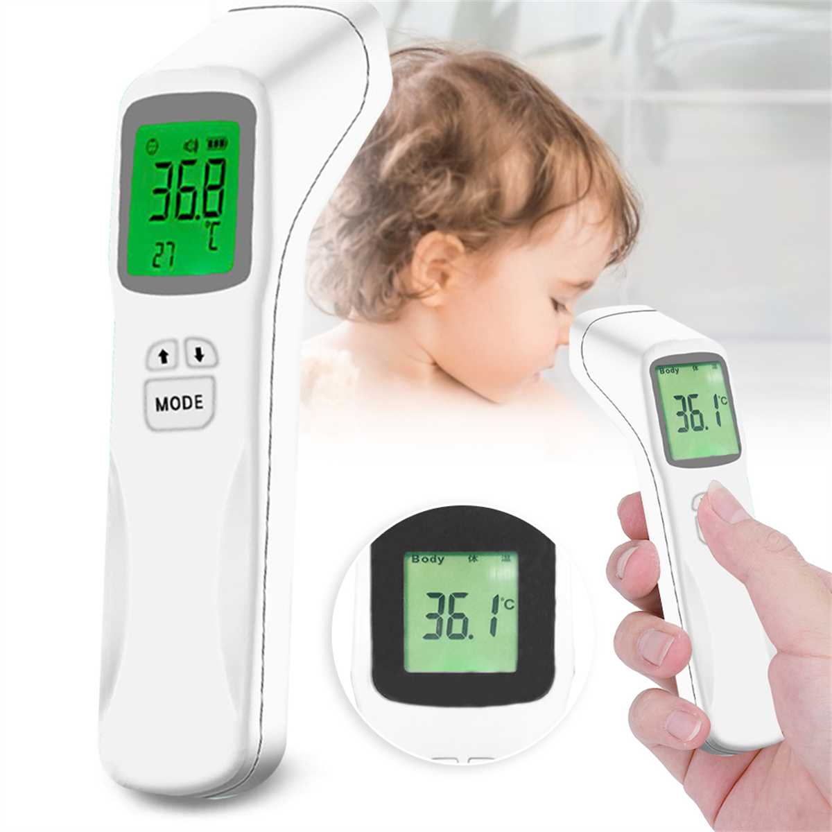 Zwei Thermometer, eines zeigt 36,8°C, das andere 36,1°C. Ein Baby ist im Hintergrund.