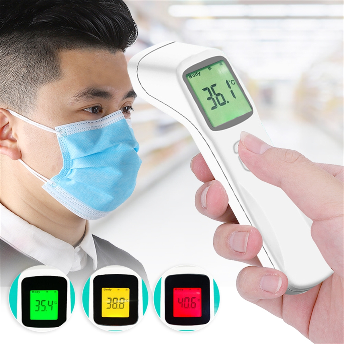 Eine Person mit Maske misst ihre Temperatur mit einem Thermometer. Drei Temperaturmesswerte werden angezeigt.