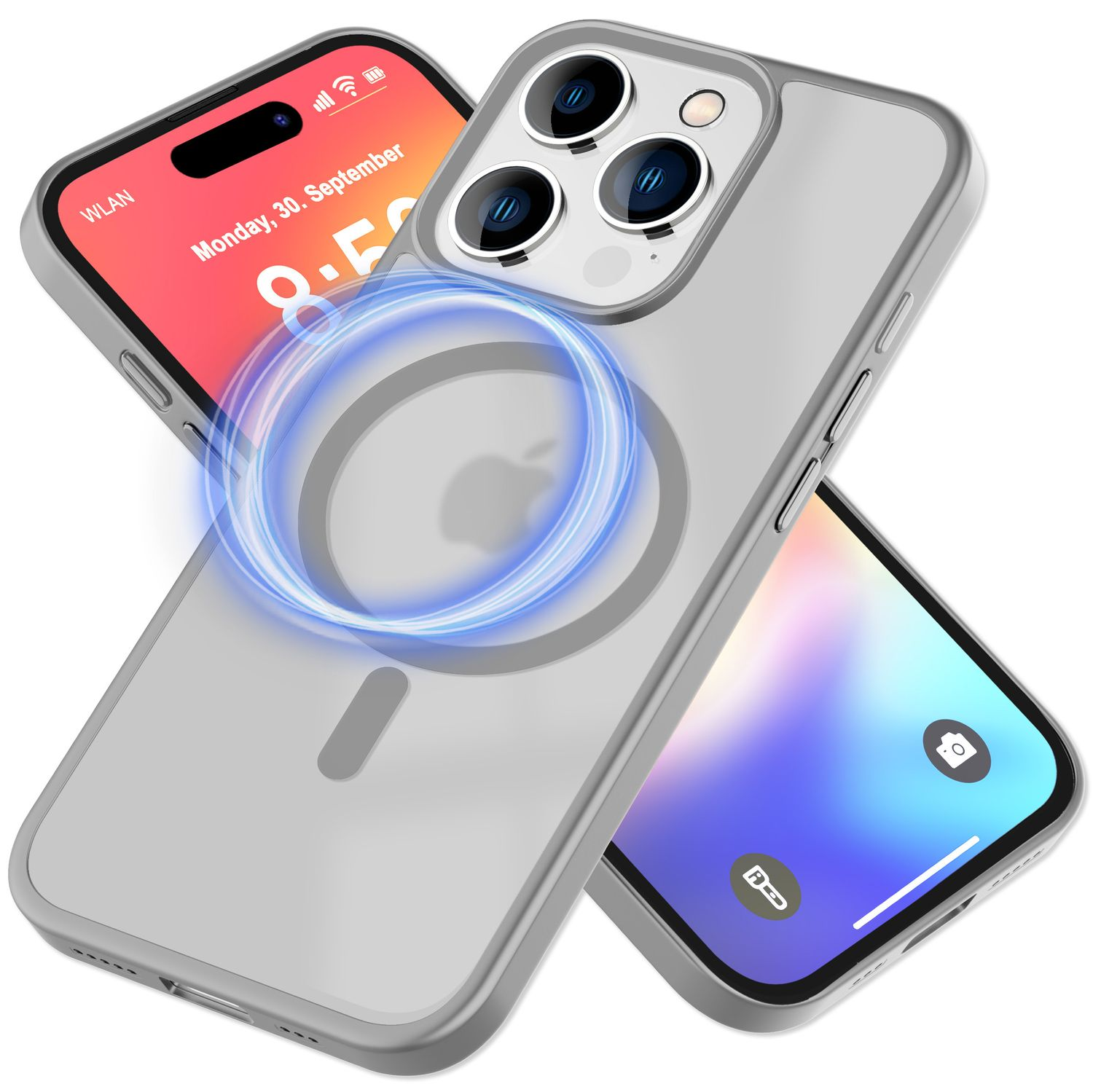 Silberne Handyhülle mit Telefon, das Montag, 30. September zeigt. Ein blauer Magnetkreis.