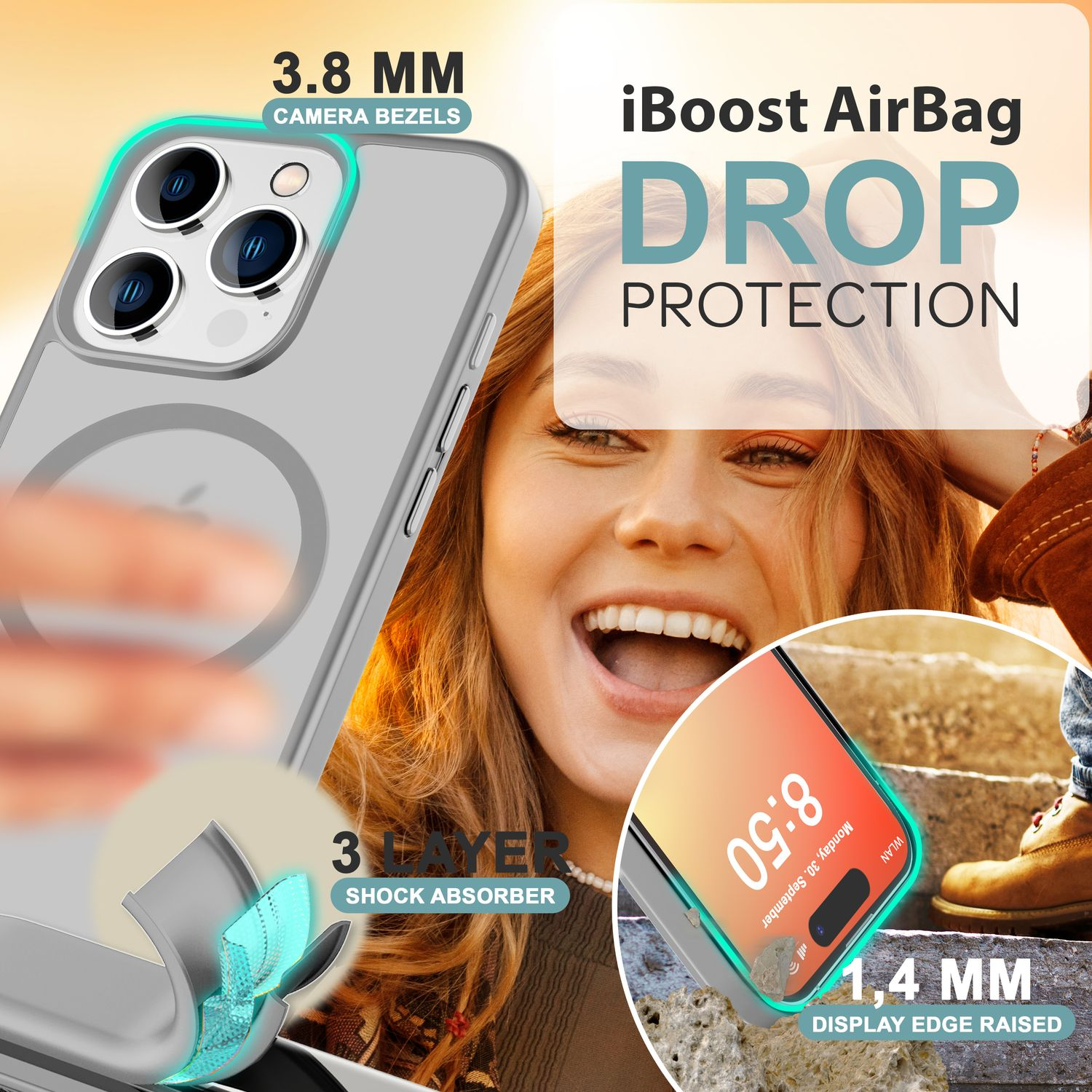 Eine Handyhülle mit einem Telefon darin. Text: iBoost AirBag Drop Protection.