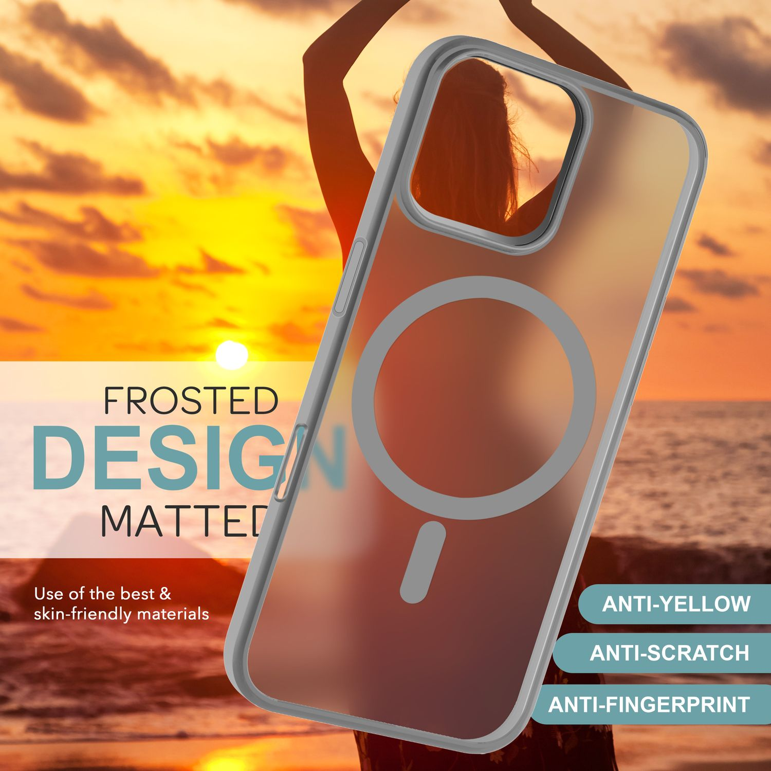 Handyhülle vor Sonnenuntergang. Texte: Frosted Design, Mated. Anti-Gelb, Anti-Kratzer, Anti-Fingerabdruck.