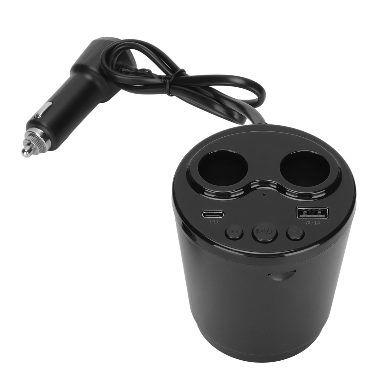 Schwarzer Auto-Adapter mit zwei USB-Anschlüssen und Zigarettenanzünder-Adapter. Es hat mehrere Tasten.