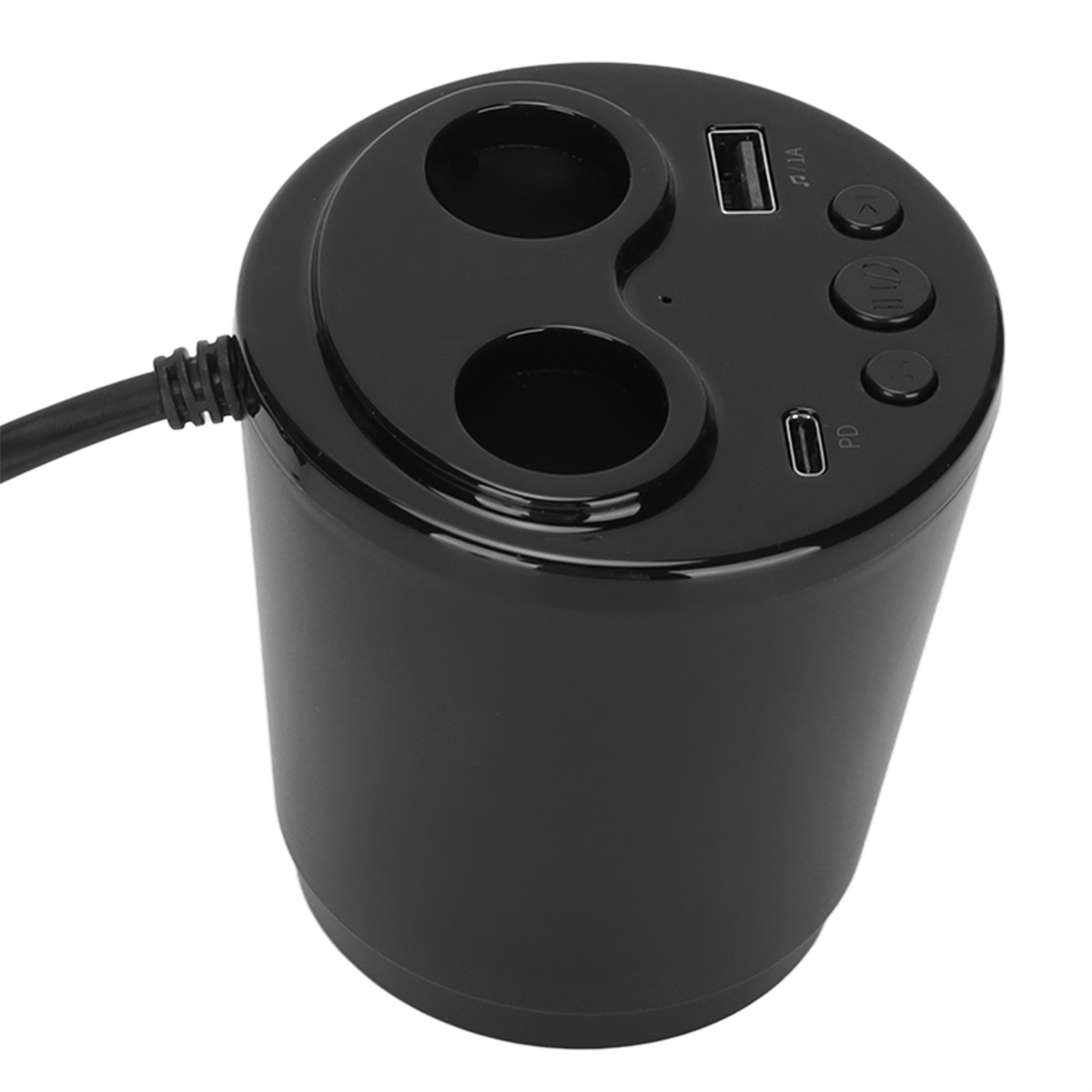 Schwarzer Netzadapter mit zwei Steckdosen, einem USB-Anschluss und Steuertasten. Yin-Yang-Design.