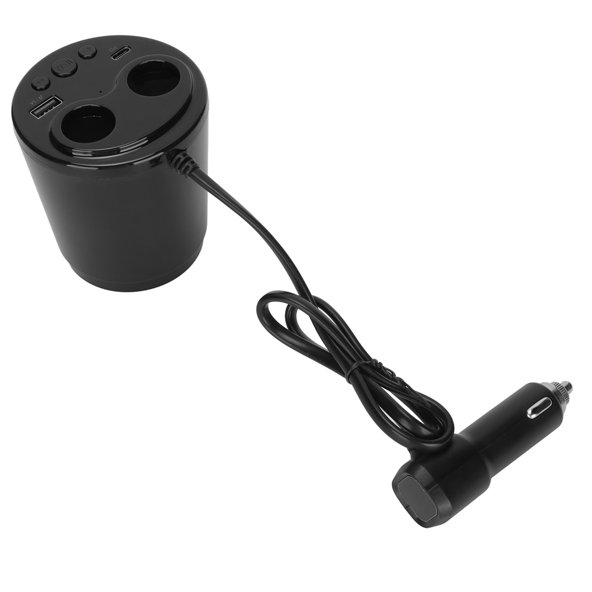 Schwarzes Autoladegerät mit angeschlossenem schwarzem Kabel. Es hat zwei Löcher und USB-Anschlüsse. Weißer Hintergrund.