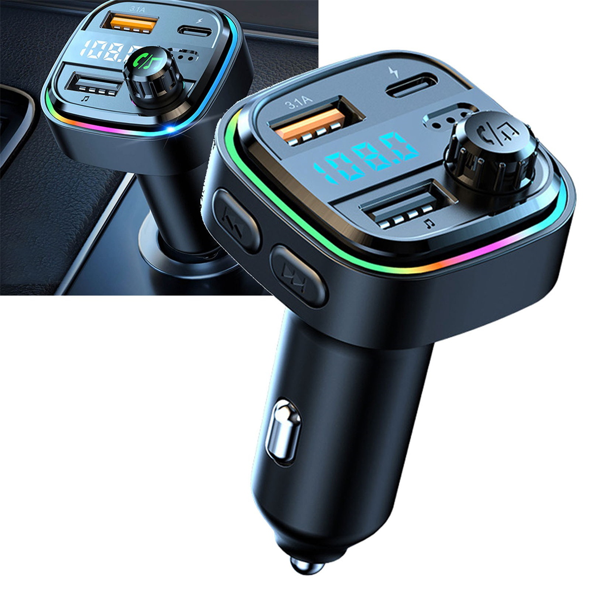Schwarzes Autoladegerät mit zwei USB-Anschlüssen, einem USB-C-Anschluss und einem Display. Es hat bunte Lichter.