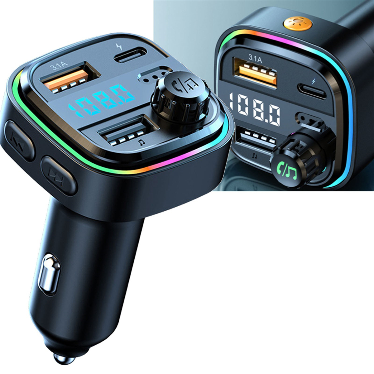 Schwarzes Autoladegerät mit USB-Anschlüssen und digitaler Anzeige der Funkfrequenz.