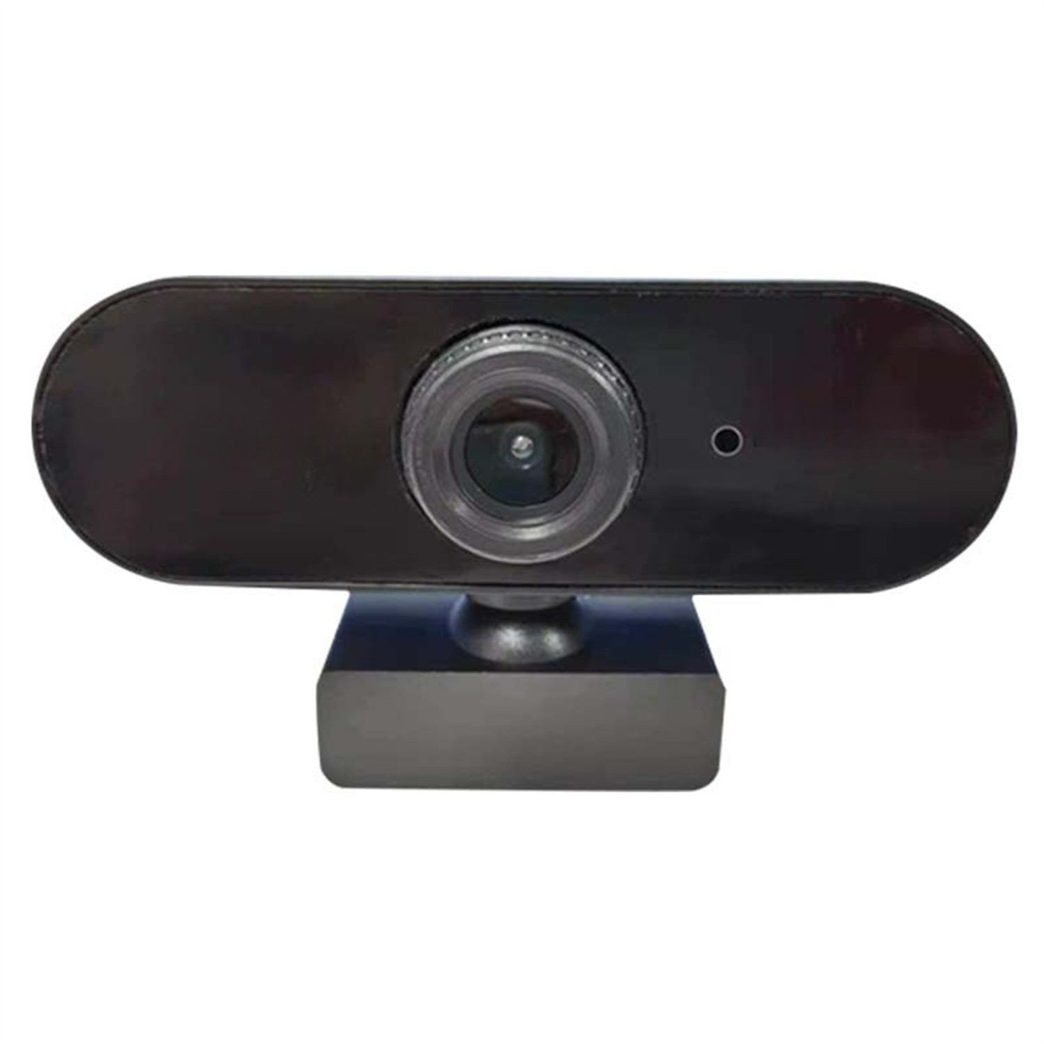 Schwarze Webcam mit Linse, auf schwarzem Sockel, isoliert vor weißem Hintergrund.