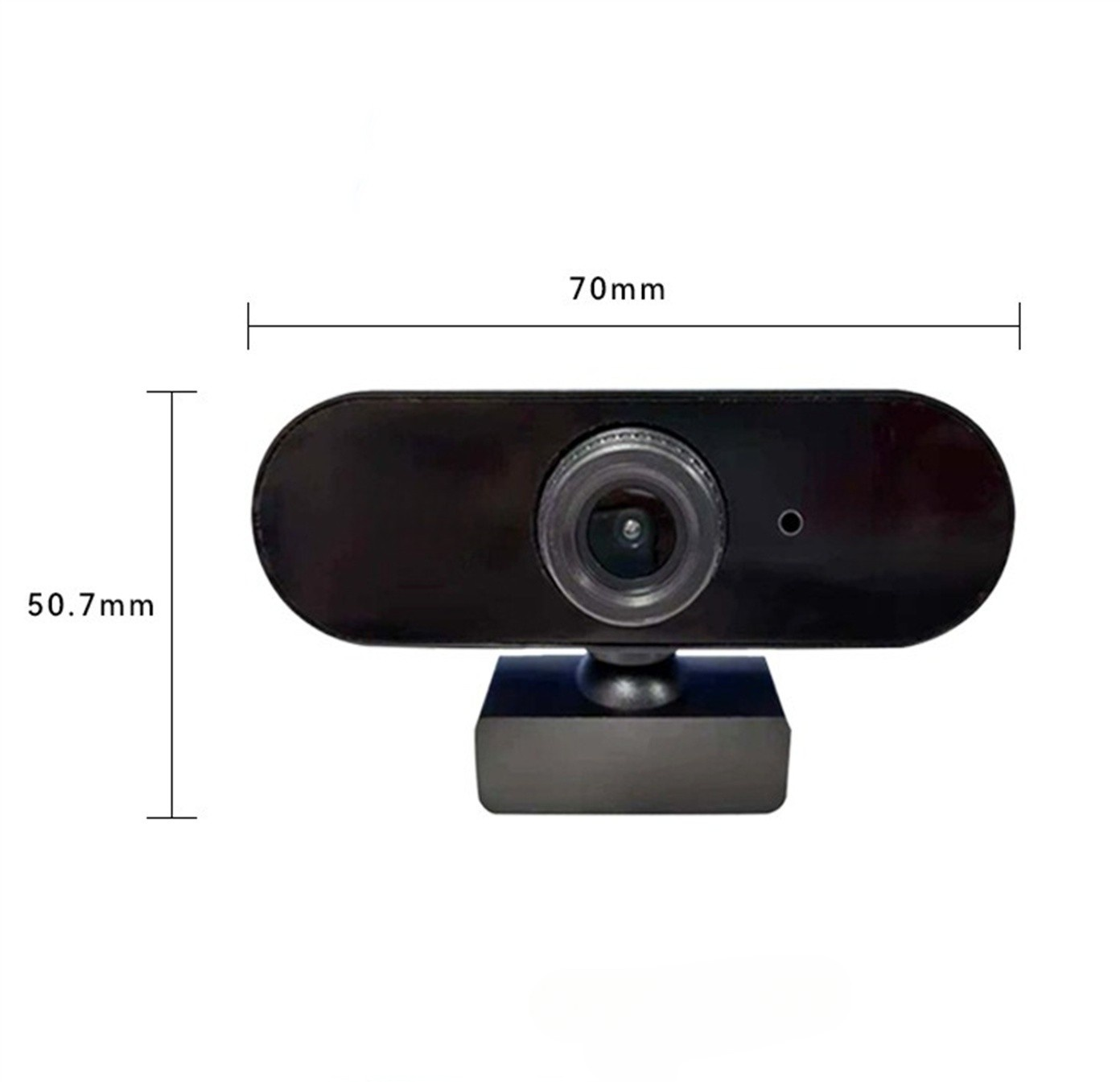 Eine schwarze Webcam mit den Maßen: 70mm Breite und 50,7mm Höhe auf weißem Hintergrund.
