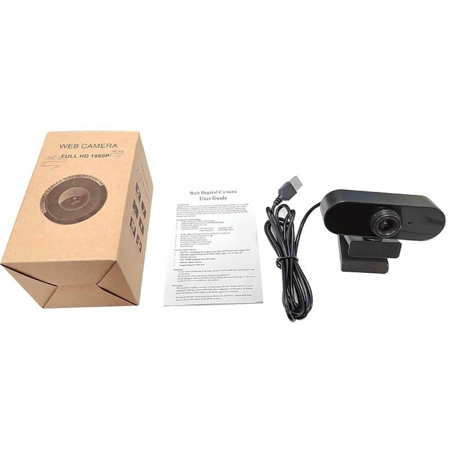 Webcam-Set: Box, Benutzerhandbuch und schwarze Kamera mit Kabel, isoliert.