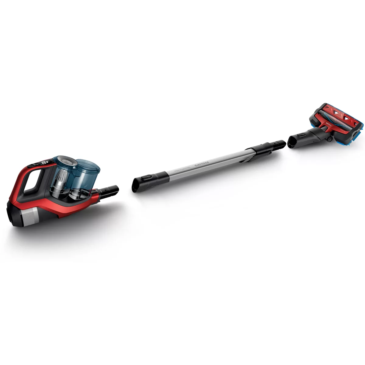 Bir Philips kablosuz elektrikli süpürge. Kırmızı ve siyah bir gövdeye, gümüş bir boruya ve bir fırça ataşmanına sahiptir.