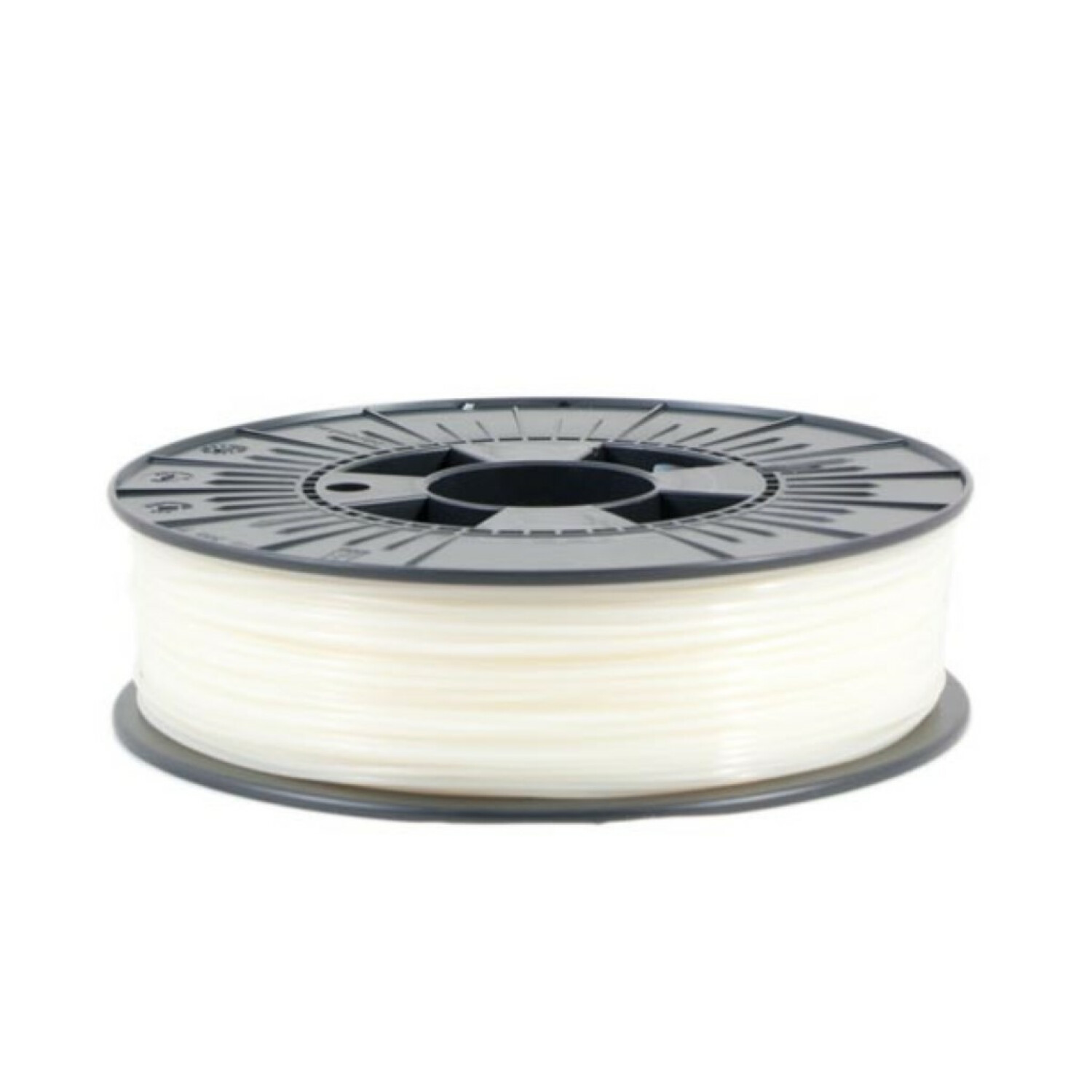 Rullo di filamento per stampa 3D bianco. Rullo nero con centro grigio.