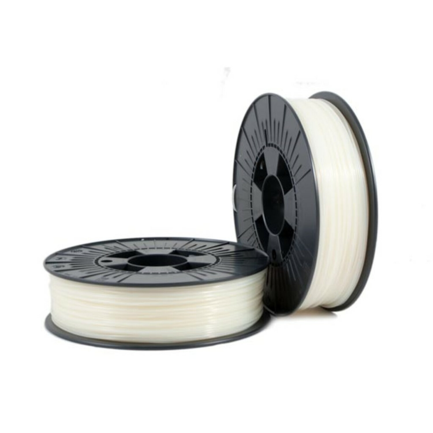 Due bobine di filamento bianco per stampante 3D con bobine nere su sfondo bianco.