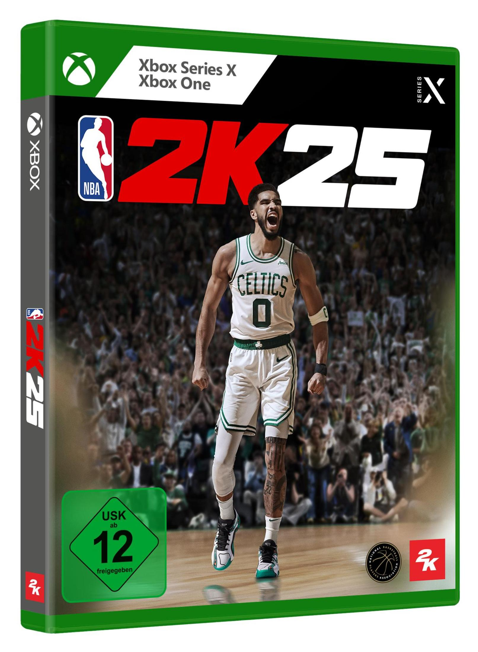 Pudełko z grą Xbox Series X 2K25 z koszykarzem na boisku i logo gry.
