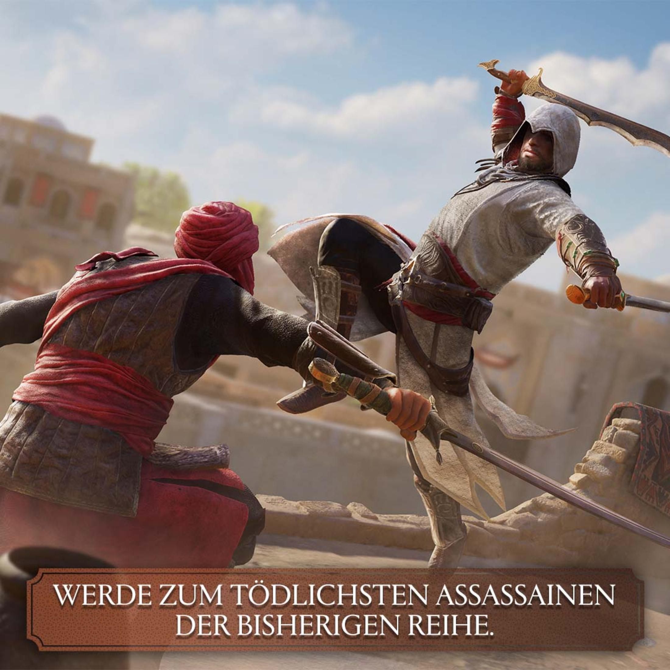 Zwei Männer im Kampf. Einer mit Schwert greift einen anderen mit Schwert an.