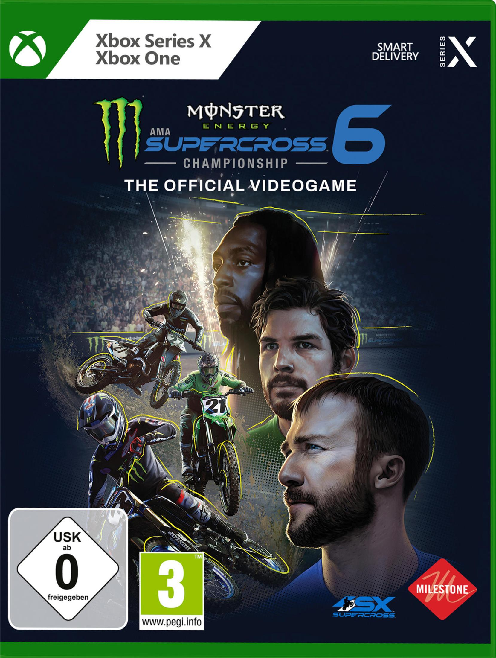 Xbox Series X Spielcover: Monster Energy Supercross 6. Zeigt Rennfahrer und einen dunklen Hintergrund.