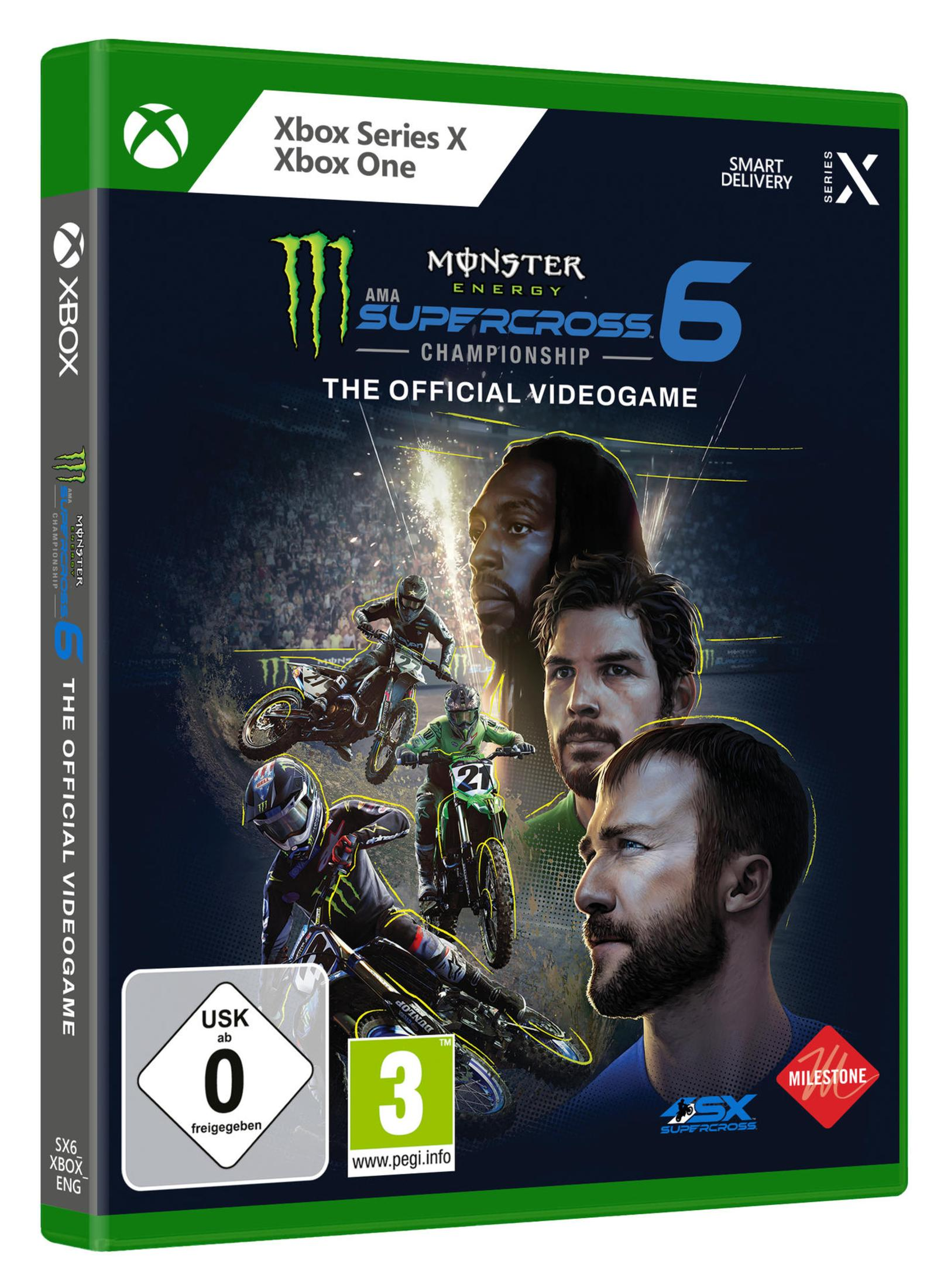 Xbox Series X/Xbox One Spielcover. Monster Energy Supercross 6. Offizielles Videospiel. Leute auf Motorrädern.