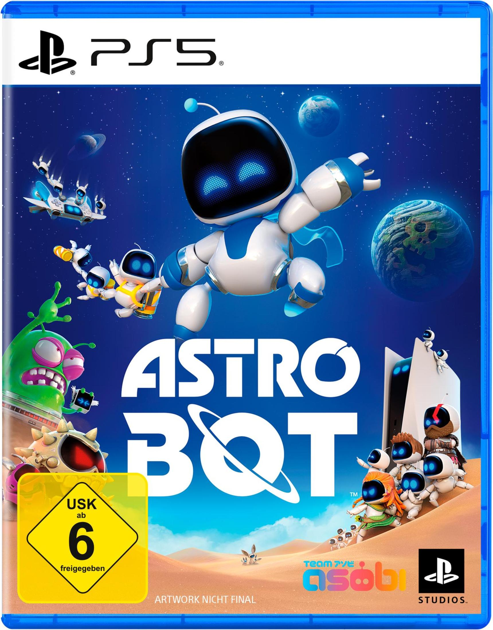 Copertina del gioco PS5 Astro Bot con personaggi robot e sfondo spaziale.