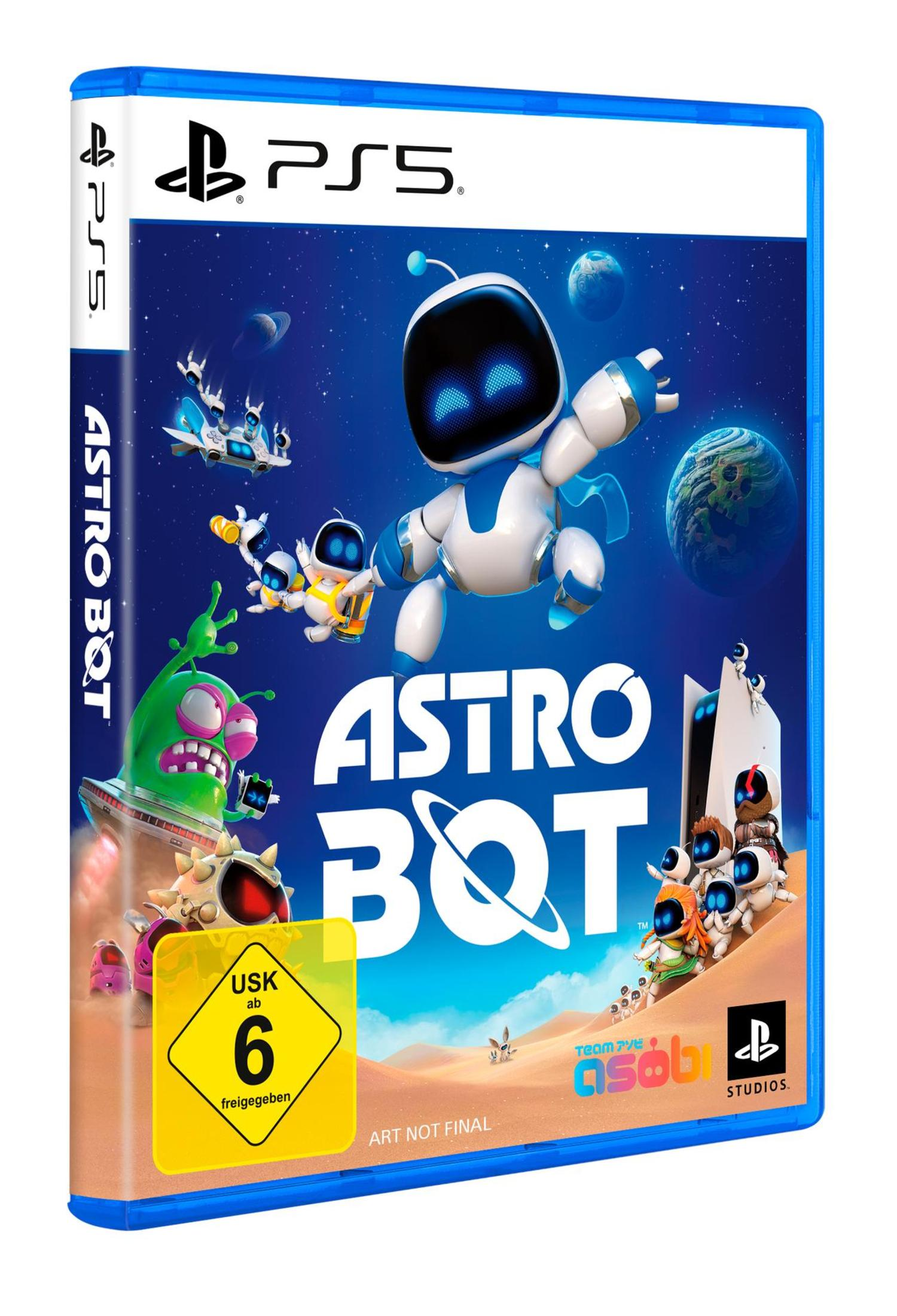 Custodia del gioco PS5 per Astro Bot. Presenta un robot dei cartoni animati, sfondo spaziale e classificazione USK 6.