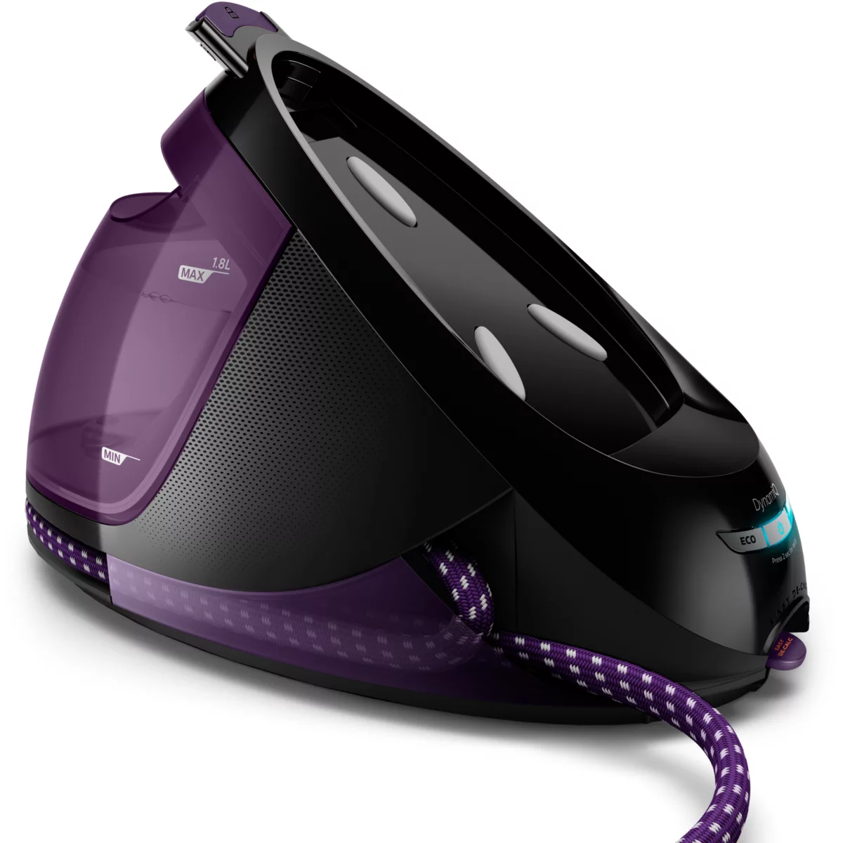 Schwarzes und violettes Dampfbügeleisen mit Wassertank. Weiß-violettes Kabel.