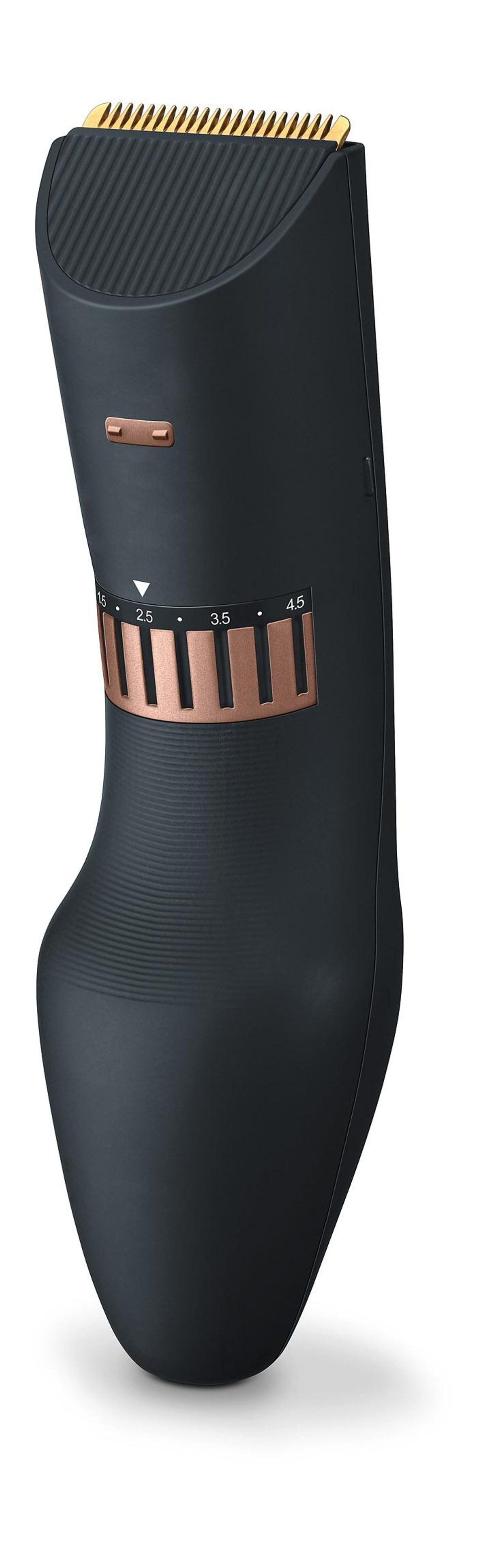 Schwarzer Haarschneider mit einstellbaren Einstellungen, goldfarbene Akzente. Zeigt Zahlen für Längen, elegantes Design.