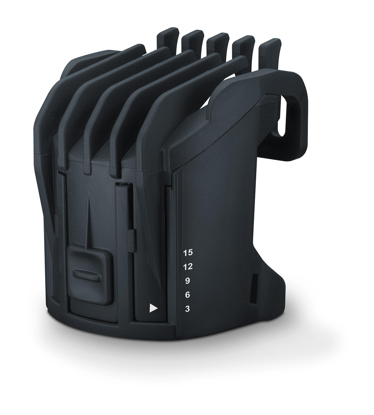 Schwarzer Haarschneideaufsatz mit einstellbaren Längeneinstellungen, markiert mit 3, 6, 9, 12 und 15.