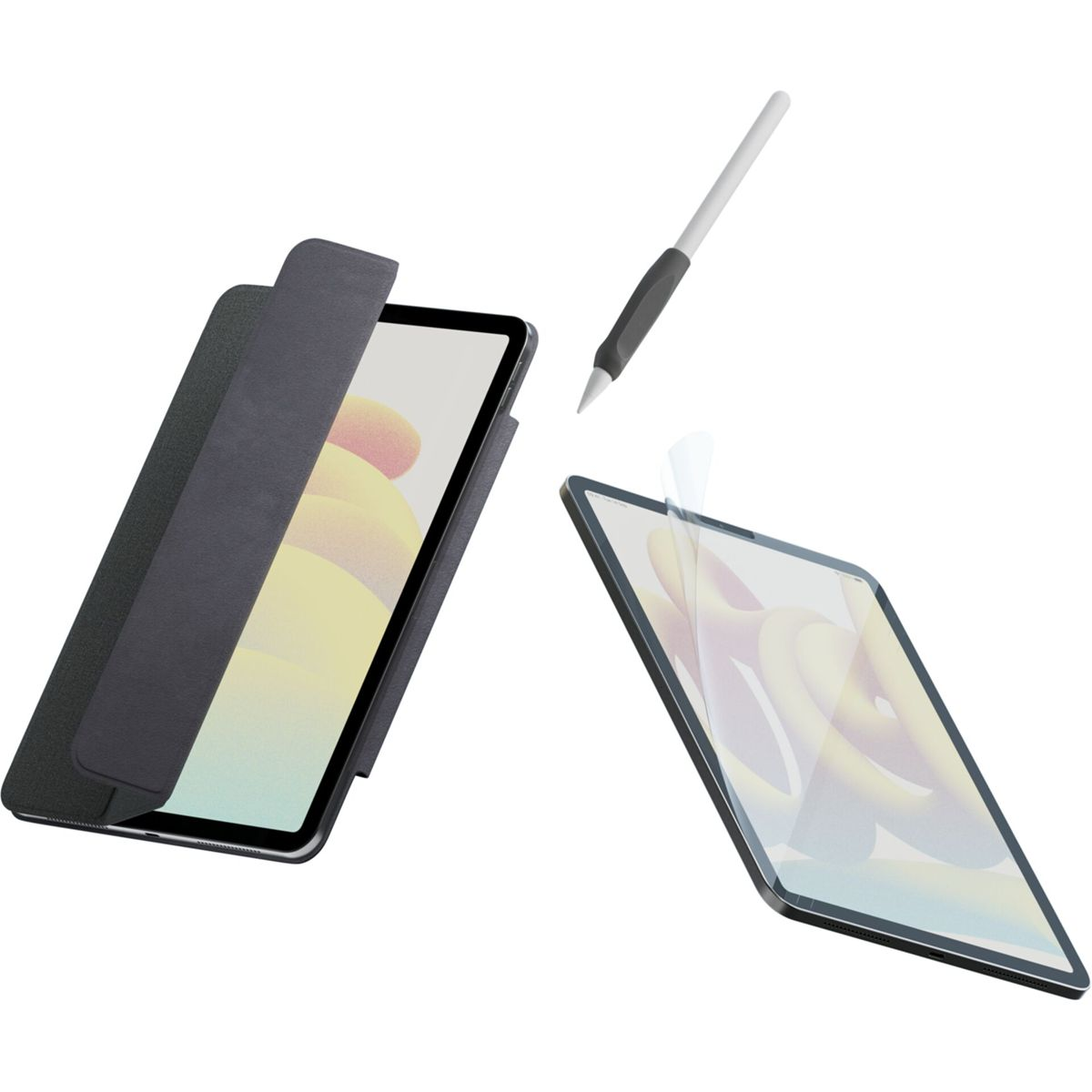 Tablet mit Hülle und Stift. Das Tablet ist schwarz mit Displayschutz. Der Stift ist silber.