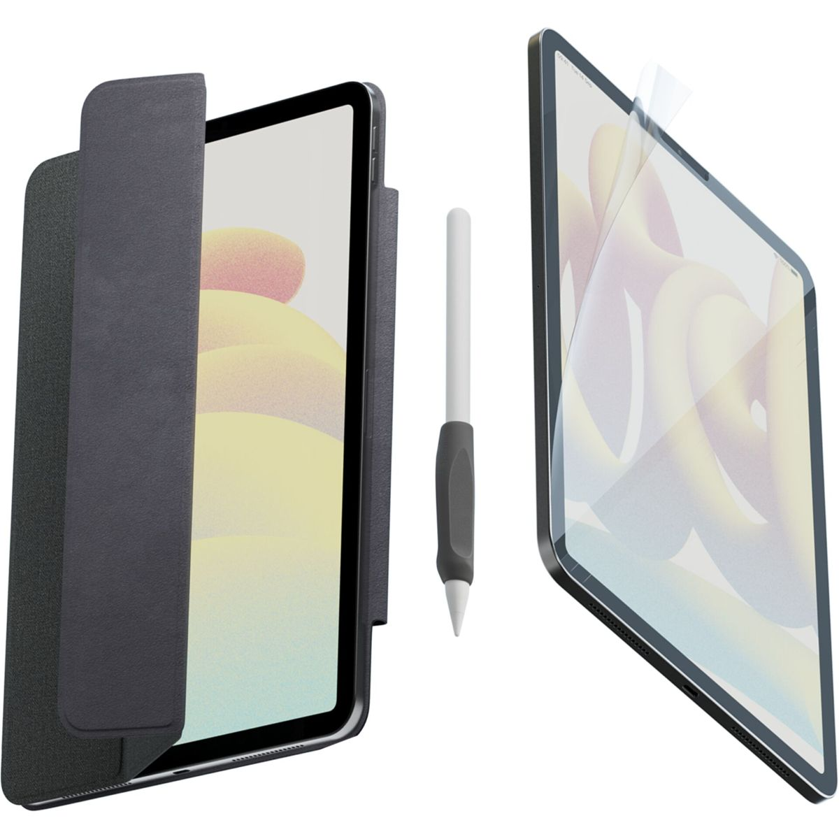 iPad mit Hülle, Displayschutz und Stift. Graue Hülle offen, Stift in der Hand gehalten, anderes iPad geschützt.