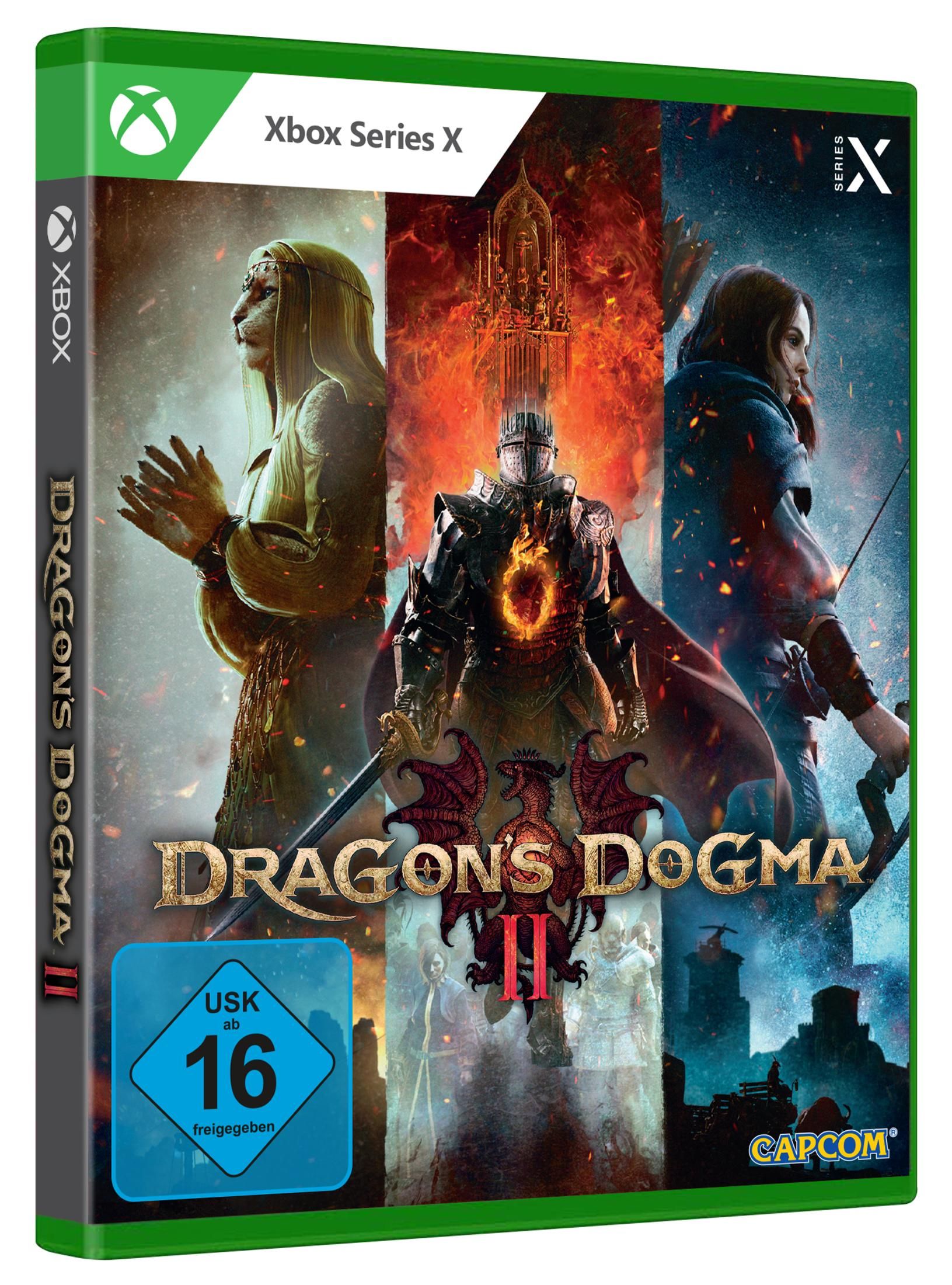 Copertina del gioco Xbox Series X: Dragon's Dogma II, un cavaliere, una donna, fuoco.