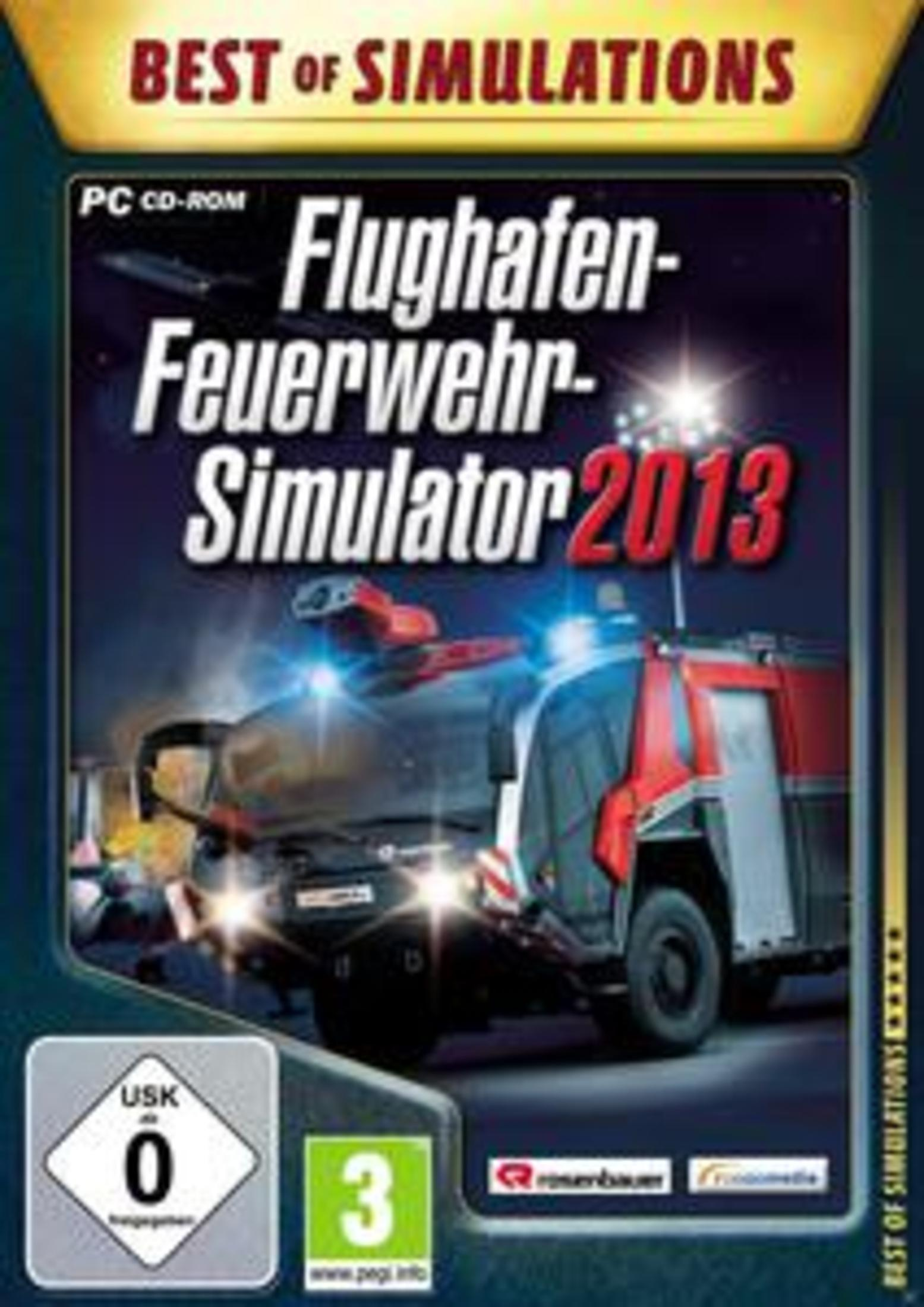 Spielbox mit einem Feuerwehrauto darauf. Der Titel lautet Flughafen-Feuerwehr-Simulator 2013.