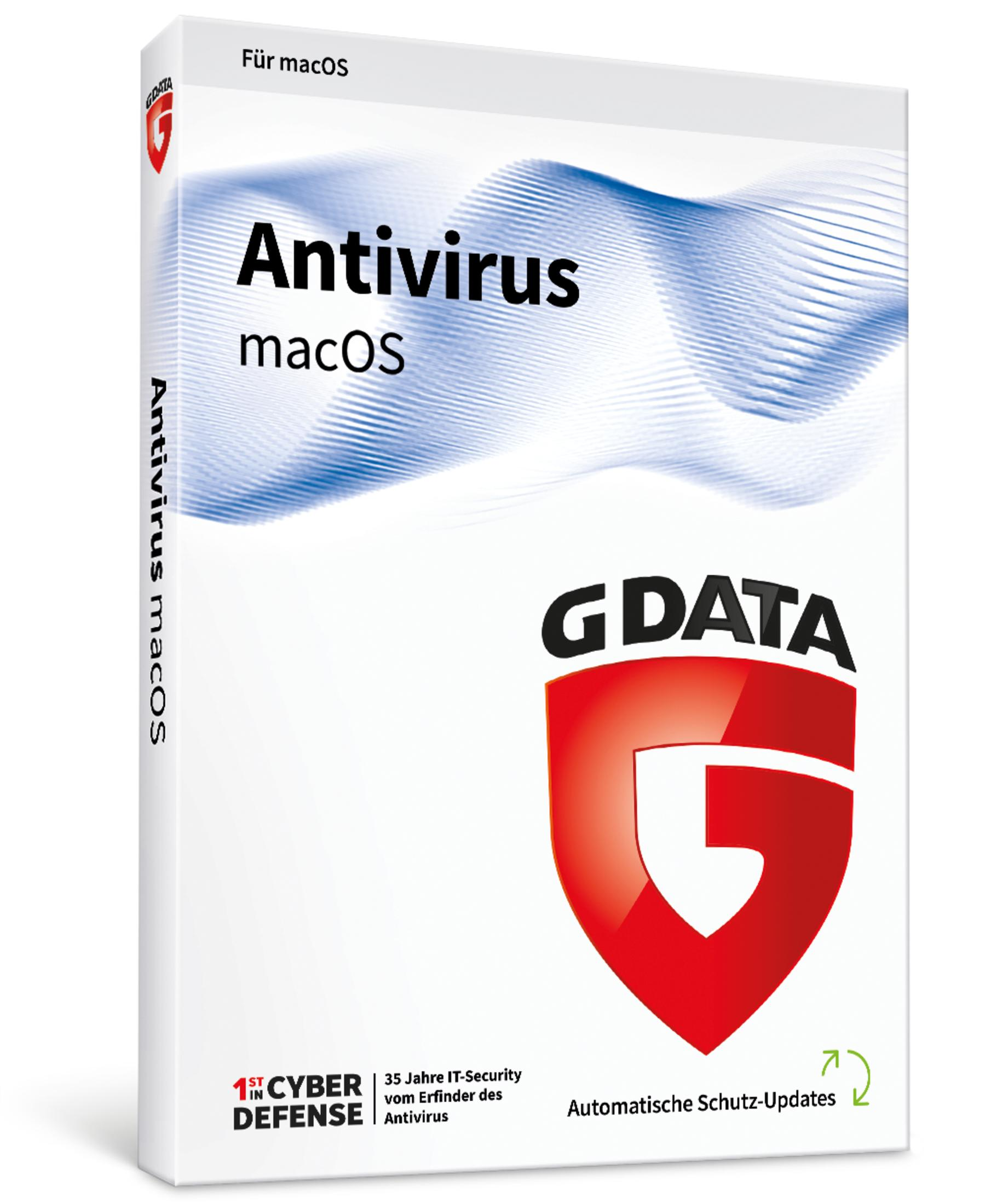 Białe pudełko z tekstem 'Antivirus macOS' i logo 'G DATA', z niebieskim wzorem fali.