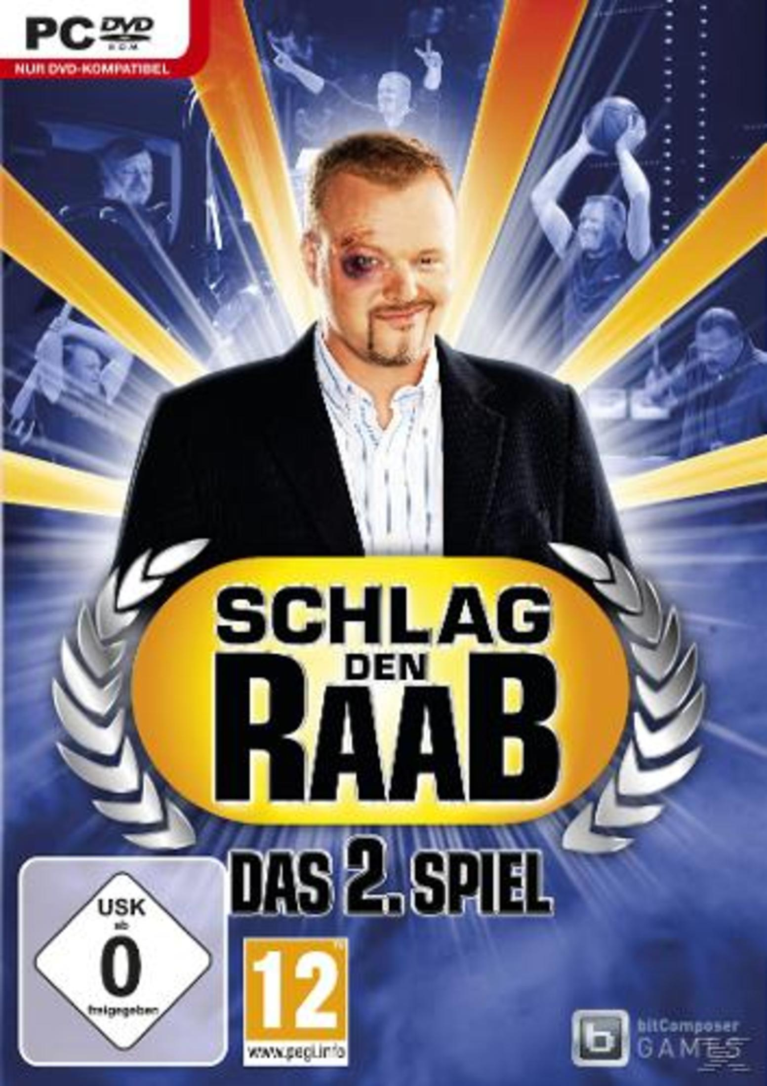 Spiel-Cover. Mann mit blauem Auge lächelt. Titel 'Schlag den Raab'. Hintergrund: Basketballspieler.