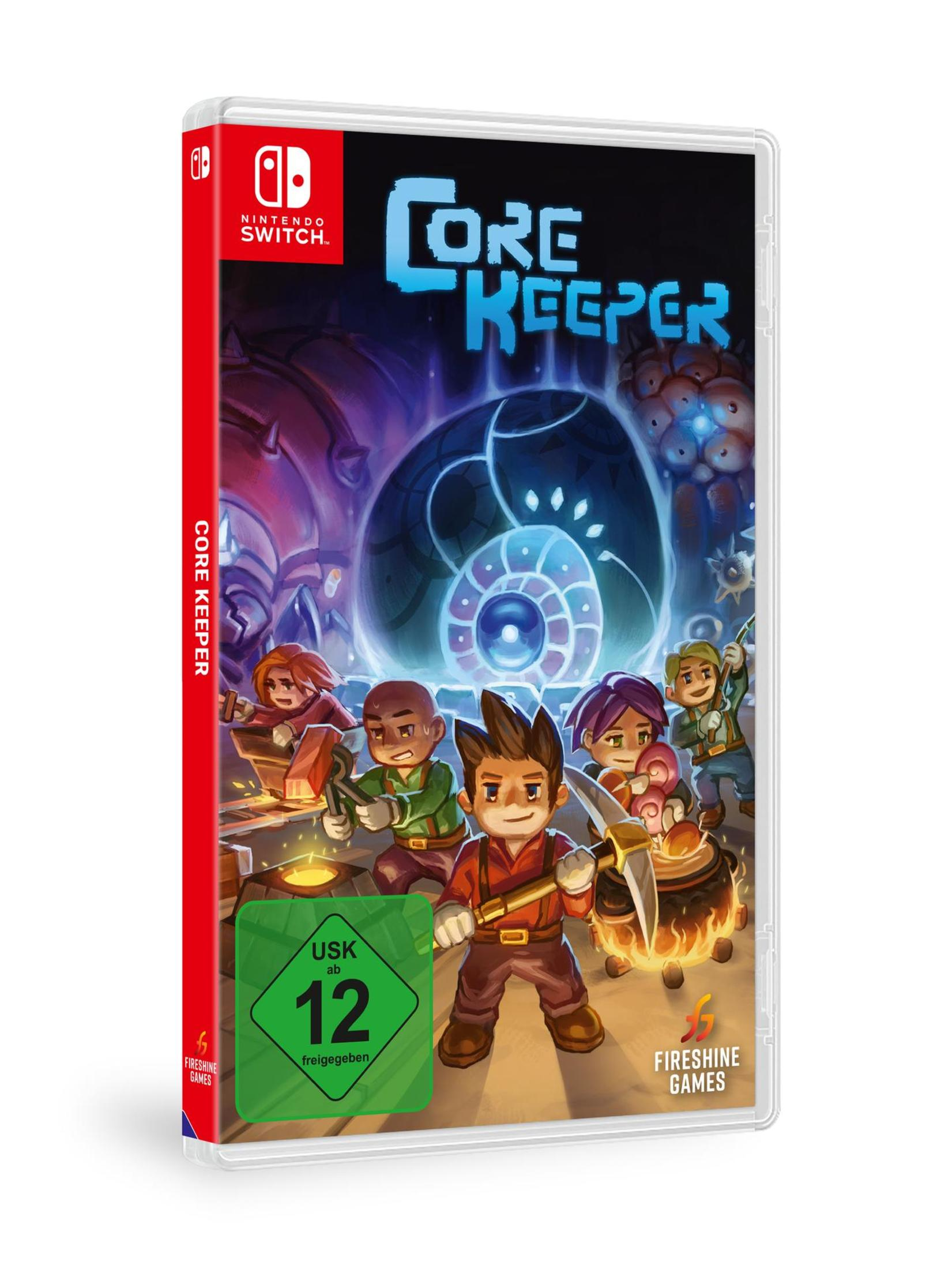 Spielbox-Art für Core Keeper auf Nintendo Switch, eine Gruppe von Cartoon-Charakteren ist vorne.