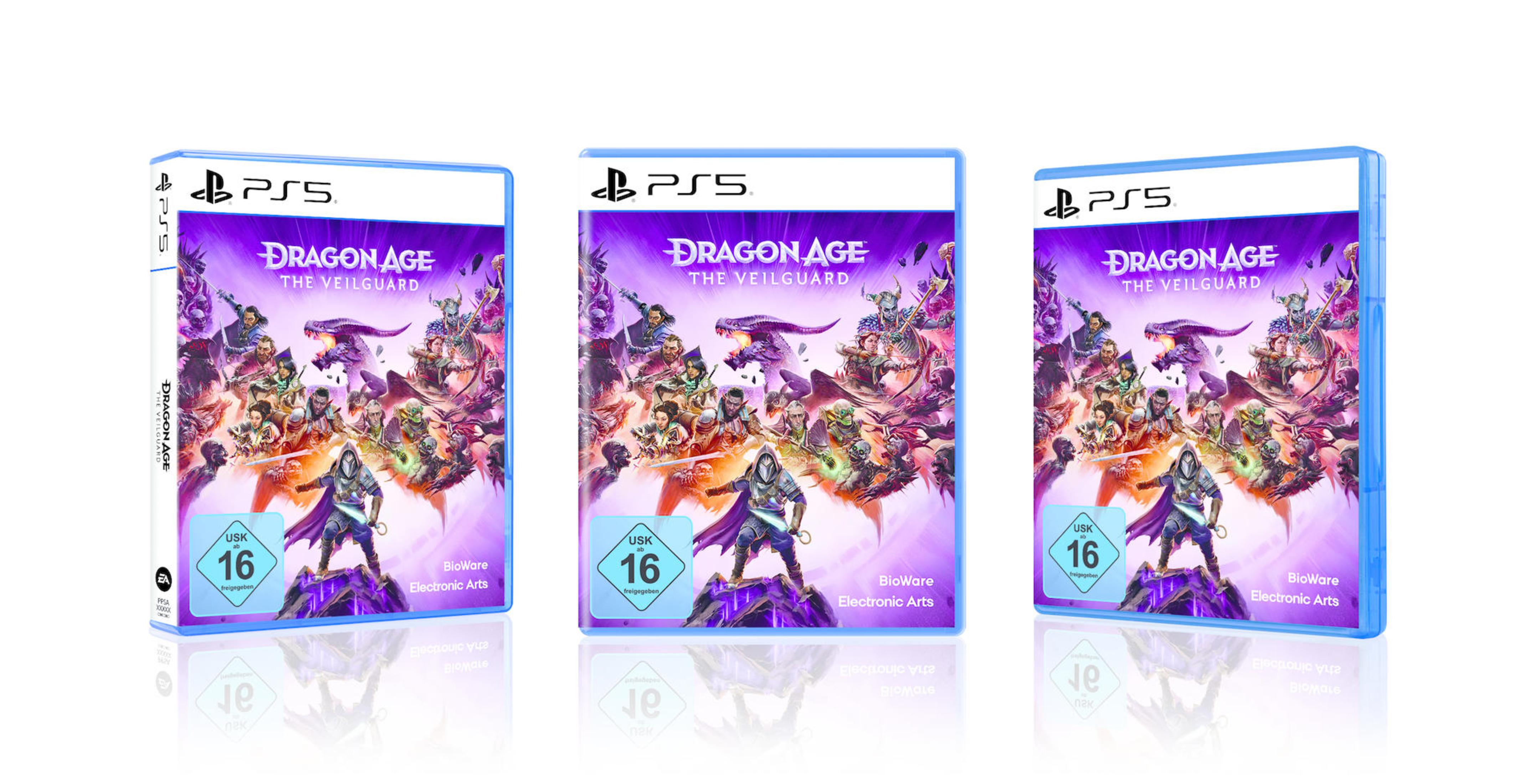Trzy pudełka z grą: 'Dragon Age The Veilguard' ze sceną bitwy fantasy i postaciami.