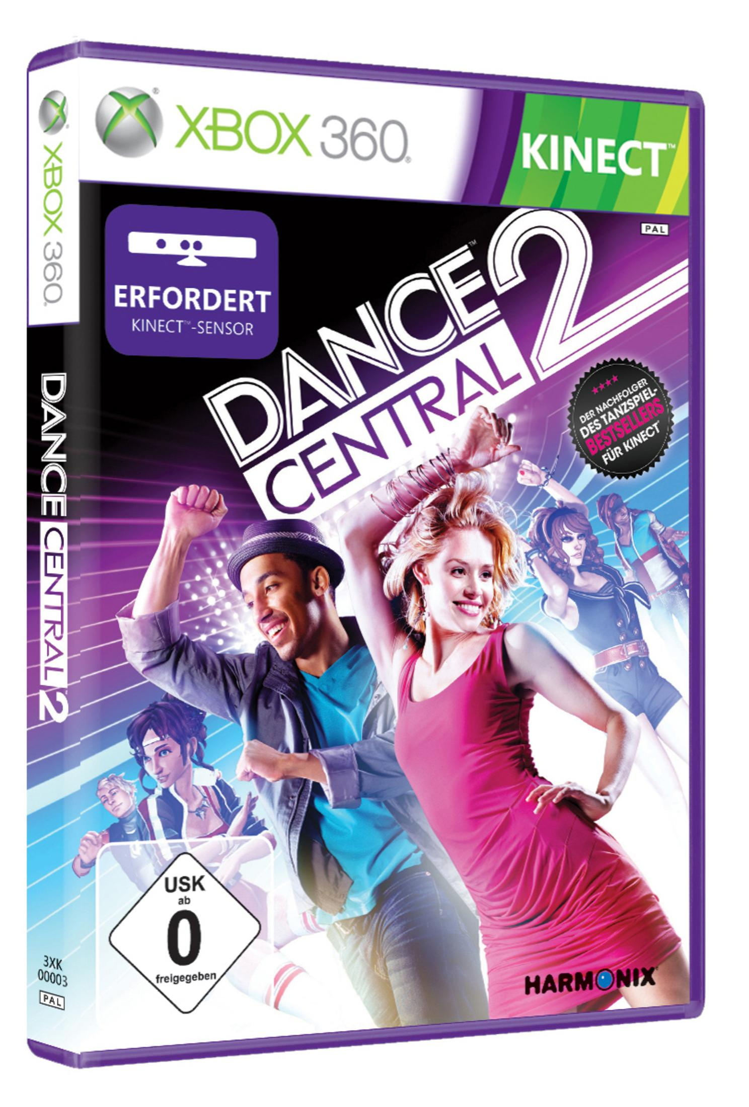 Xbox 360-Spielcover. Dance Central 2, mit Tänzern in bunten Outfits.