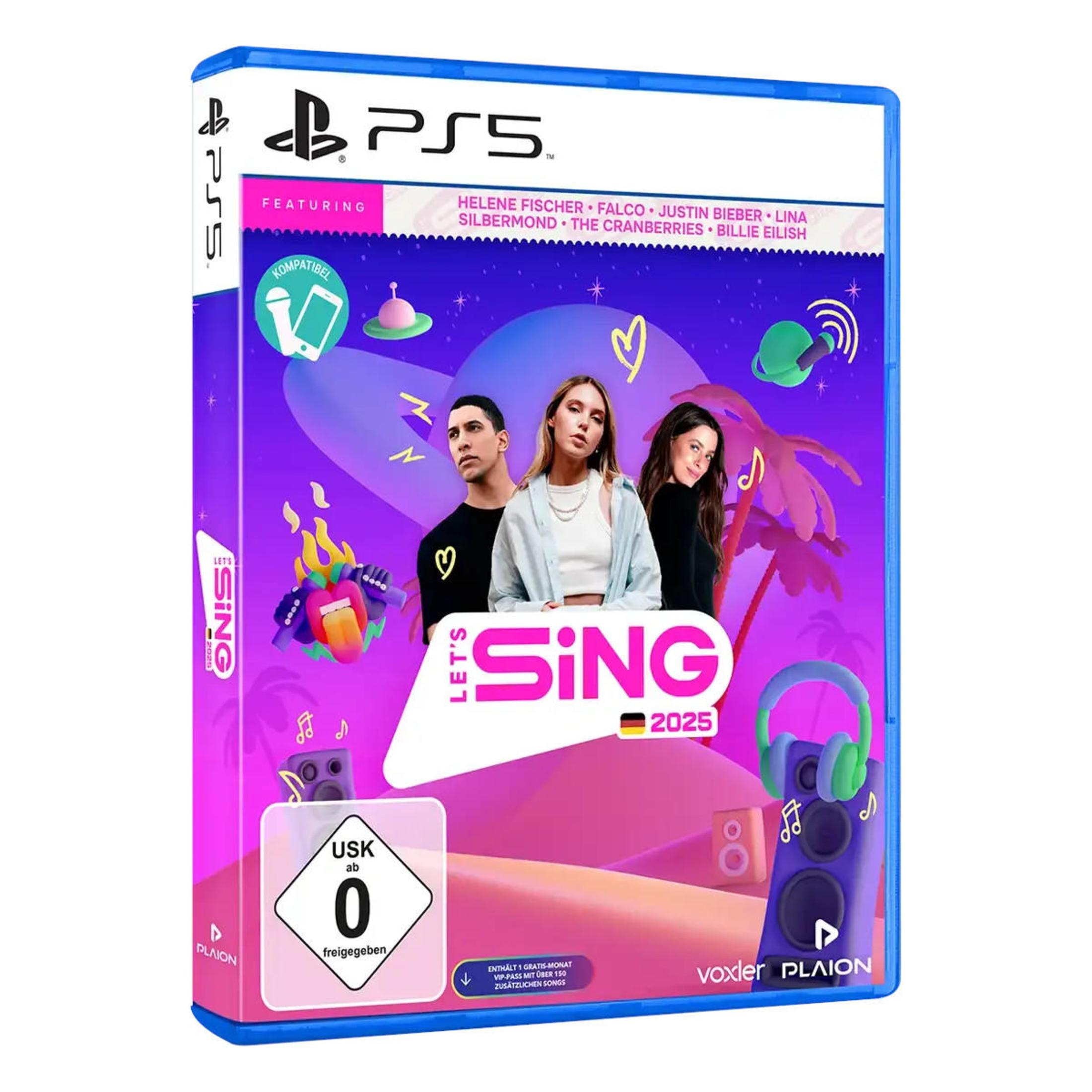 Let's Sing 2025 Spielhülle. Drei Personen stehen vor einem Mikrofon. Bunter Hintergrund mit Noten und Kopfhörern.