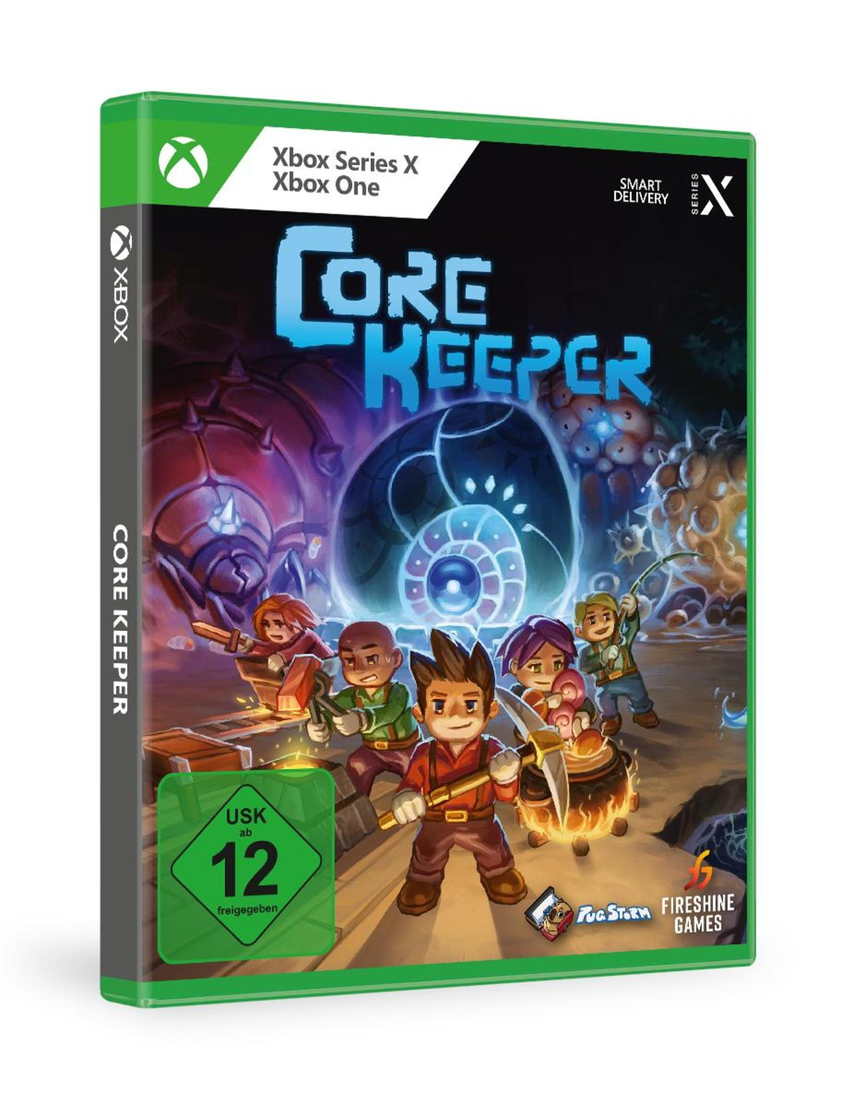 Spielcover: 'Core Keeper', zeigt Cartoon-Charaktere in einer Höhlenumgebung, Spiel- und Konsolenlogos.