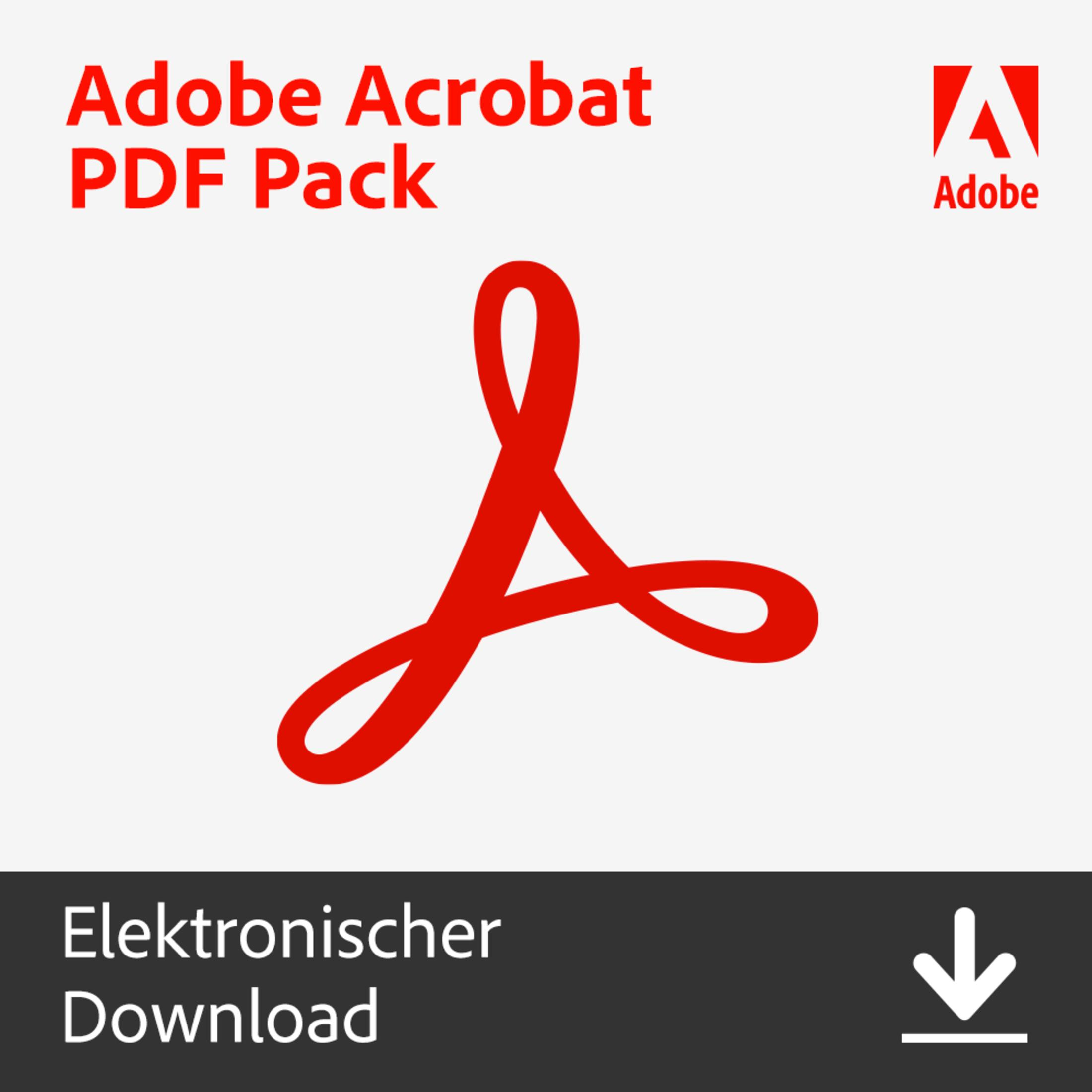 Logo Adobe Acrobat PDF Pack su sfondo bianco. Un logo 'A' rosso stilizzato è prominente.