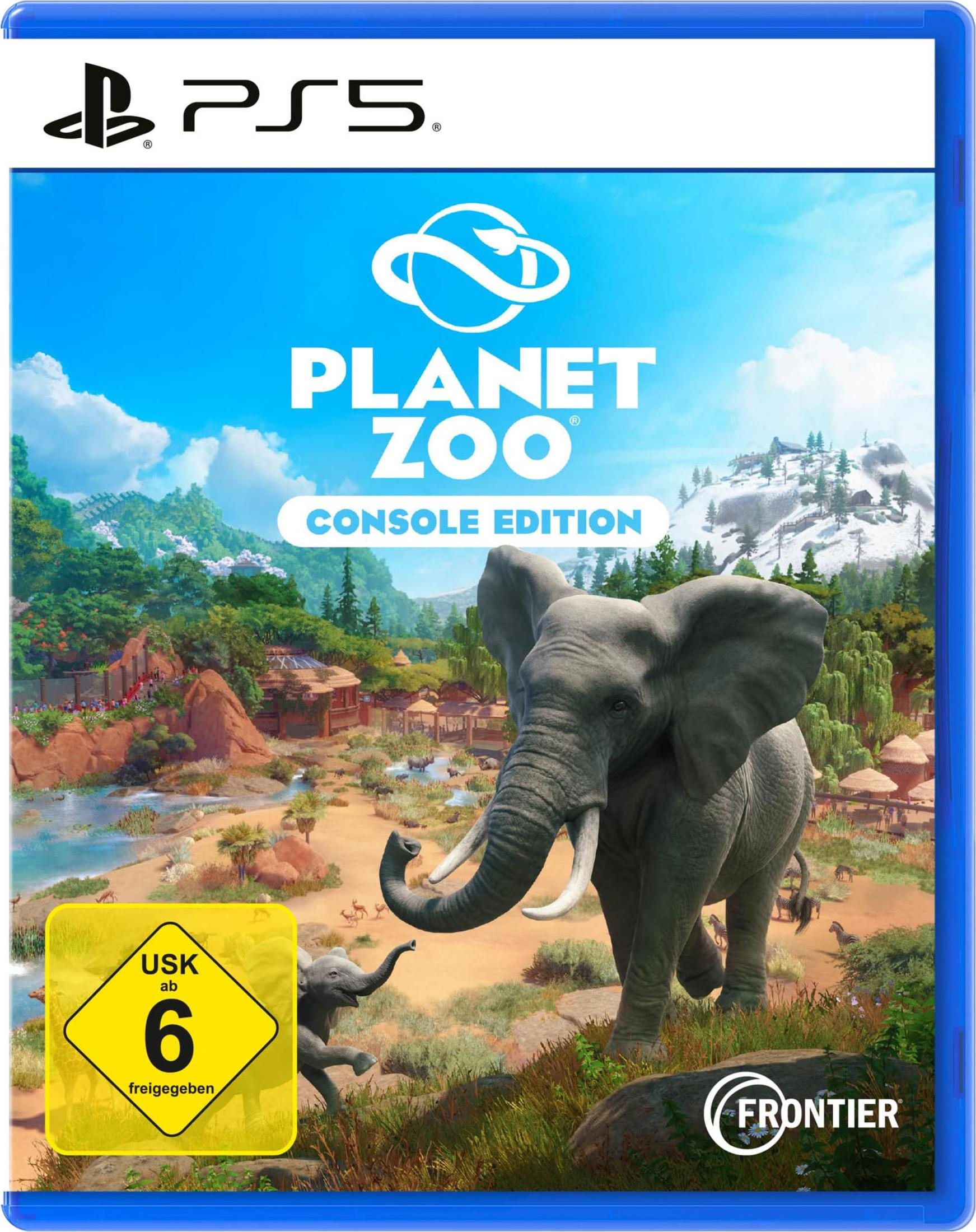 PS5-Spielcover. Elefant mit Kalb in einer Zoo-Umgebung. Titel: Planet Zoo, Console Edition.