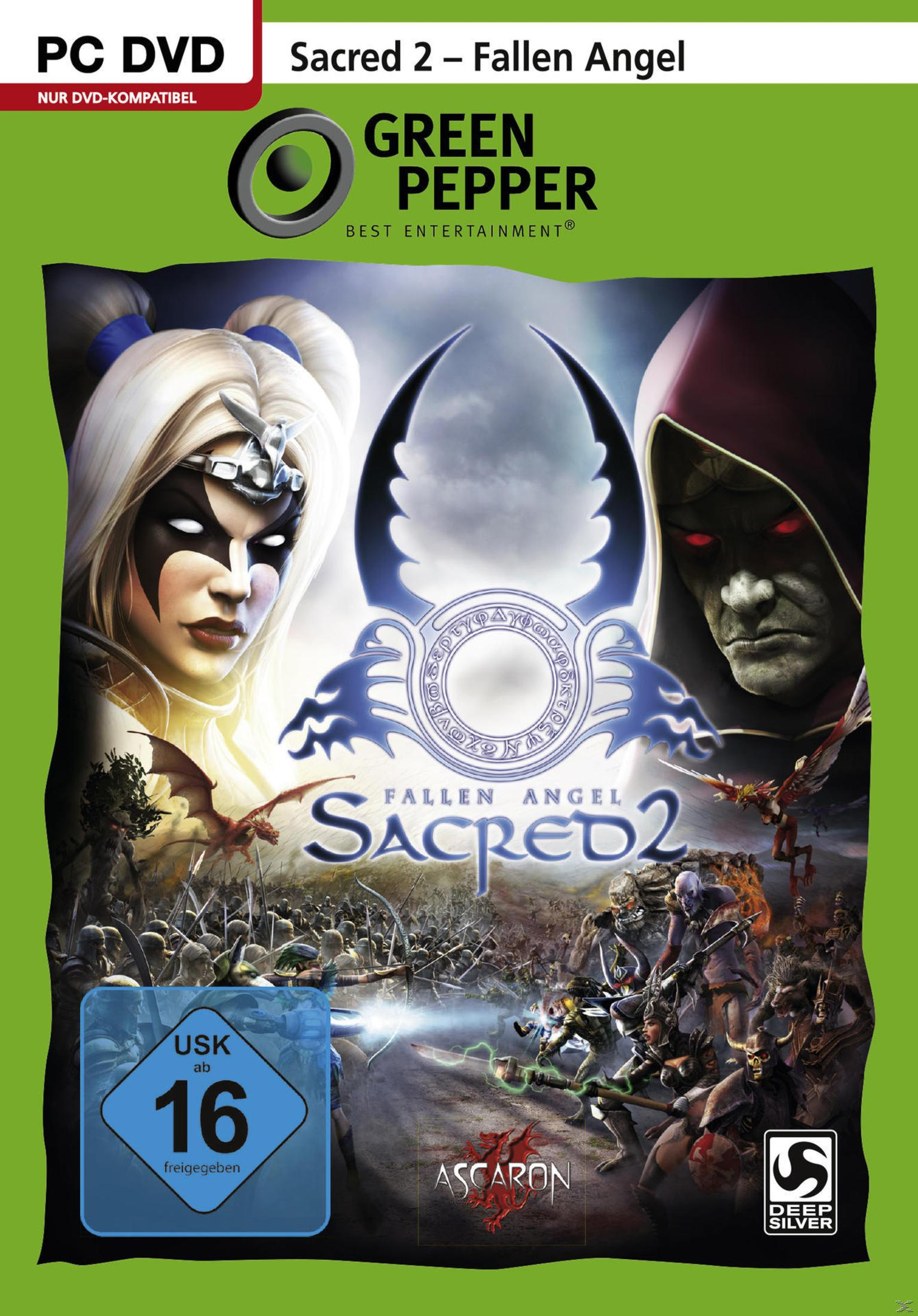 Spielbox mit zwei Charakteren. Das Spiel ist Sacred 2 - Fallen Angel. Grüner Hintergrund.