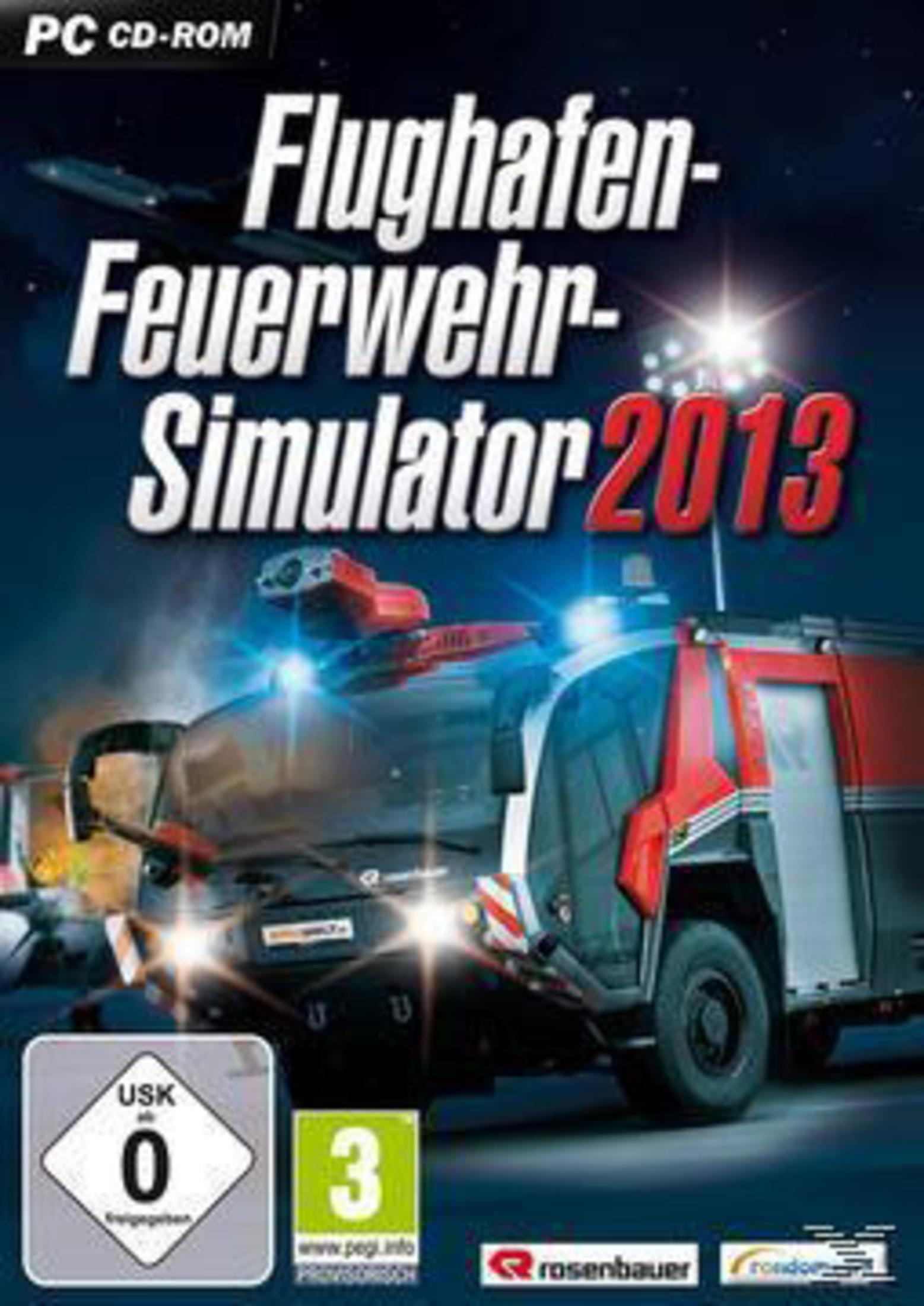 Spielcover zeigt ein Feuerwehrauto, ein Flugzeug und den Titel: Flughafen-Feuerwehr-Simulator 2013.