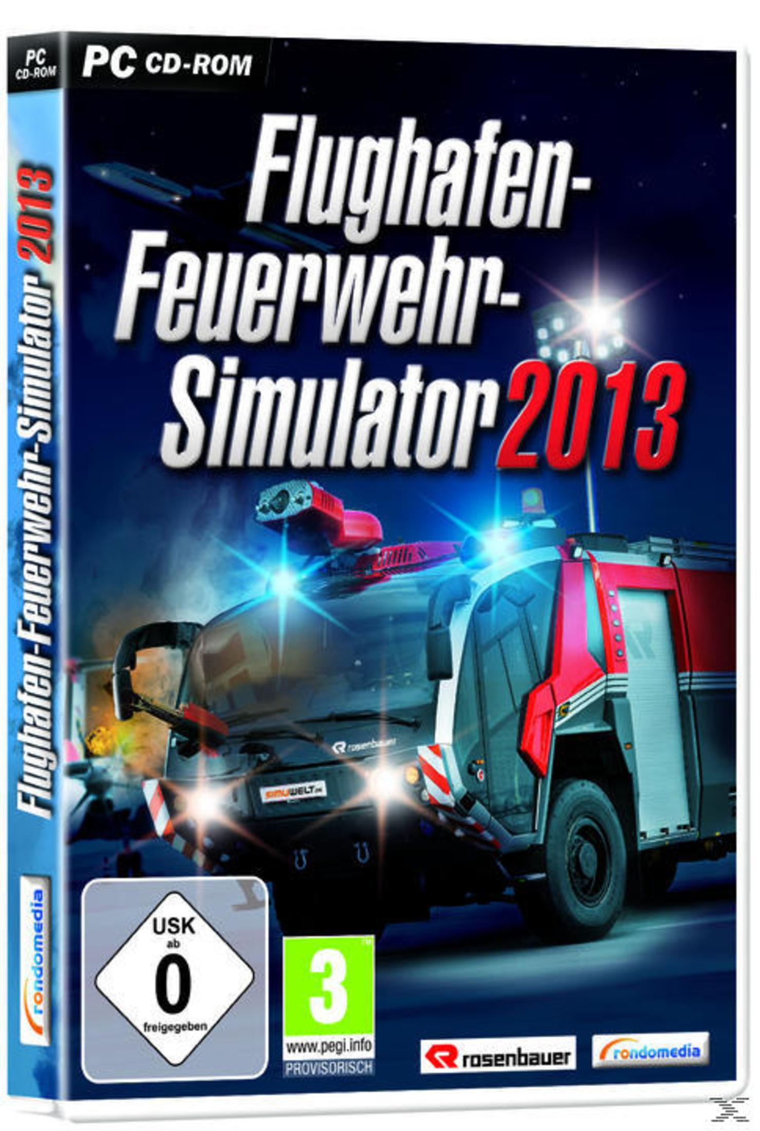 Spielbox-Art mit einem Feuerwehrauto vor einem Flugzeug auf der Landebahn. Das Spiel heißt Flughafen-Feuerwehr-Simulator 2013.