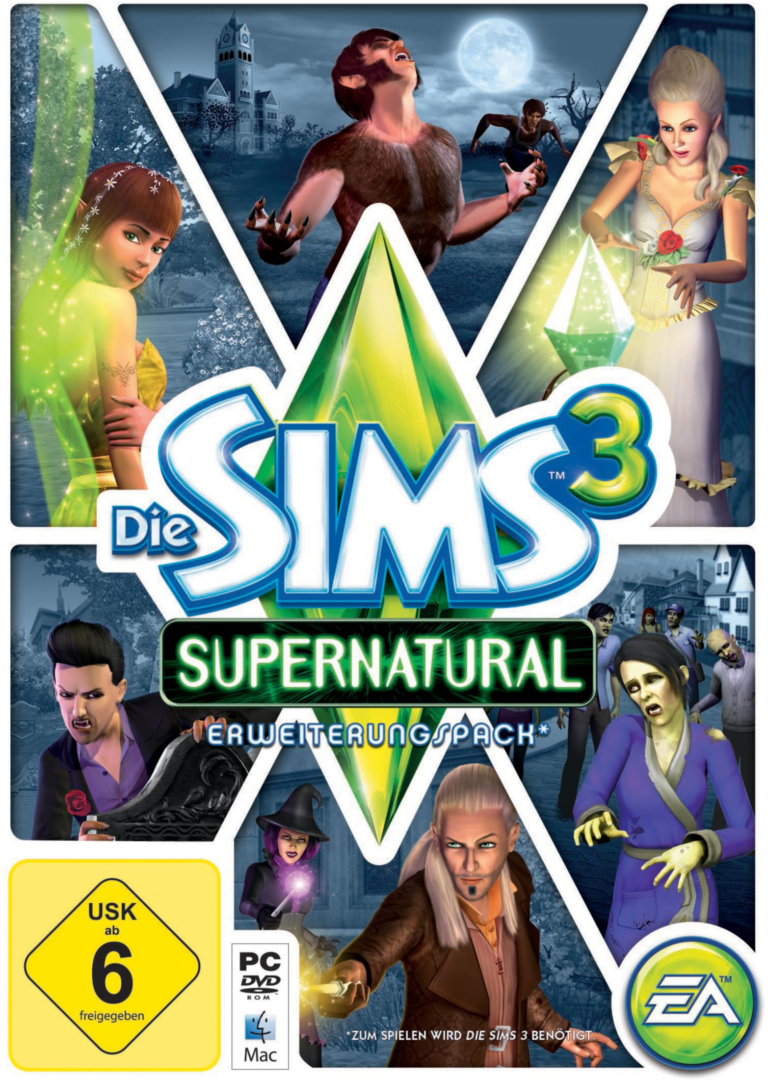 Die Sims 3 Supernatural-Spielbox. Charaktere in verschiedenen Outfits sind auf der Box abgebildet.