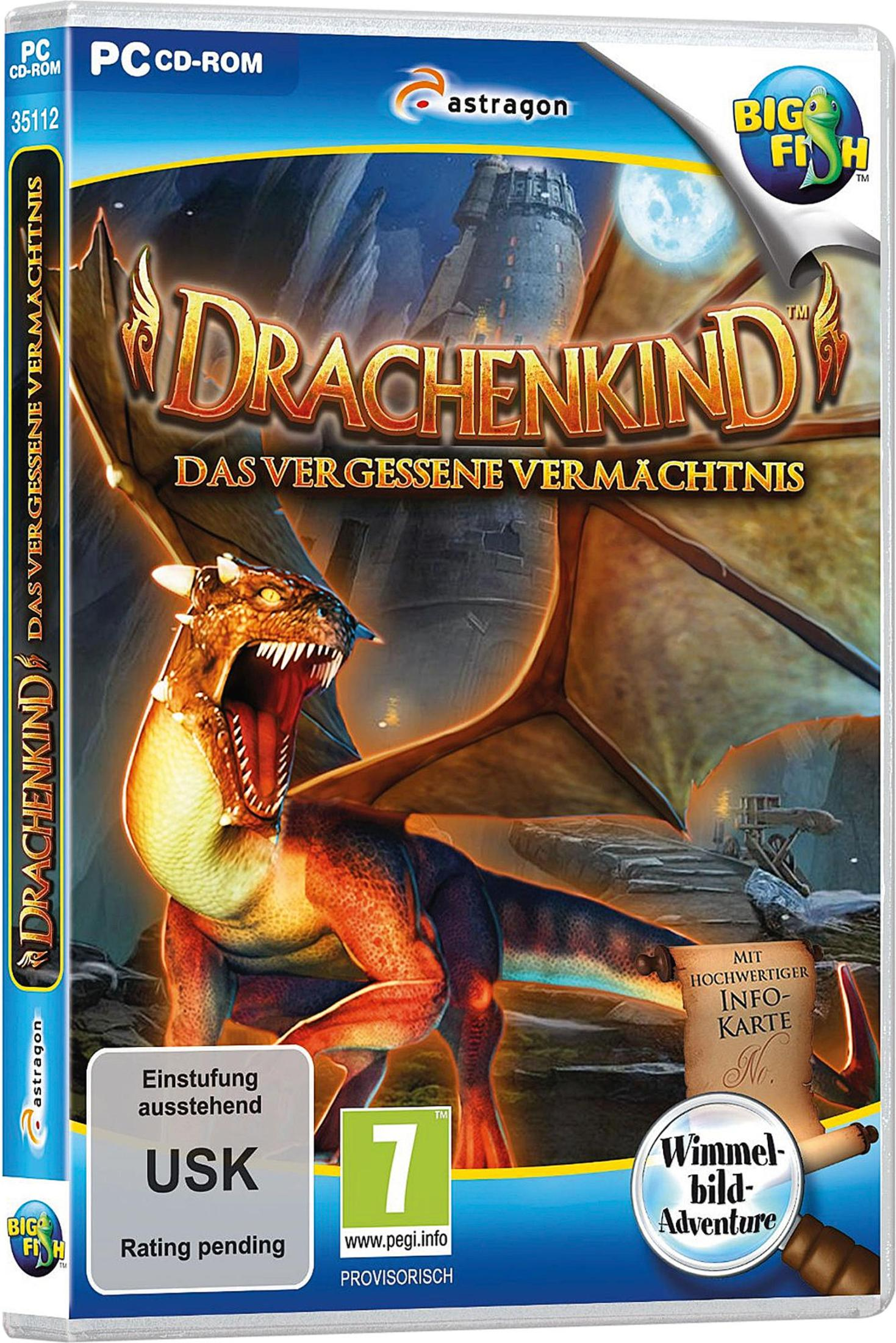 Spielbox von "Drachenkind", ein Drachenbild, mit einer USK 7 Bewertung und dem "Big Fish" Logo rechts.